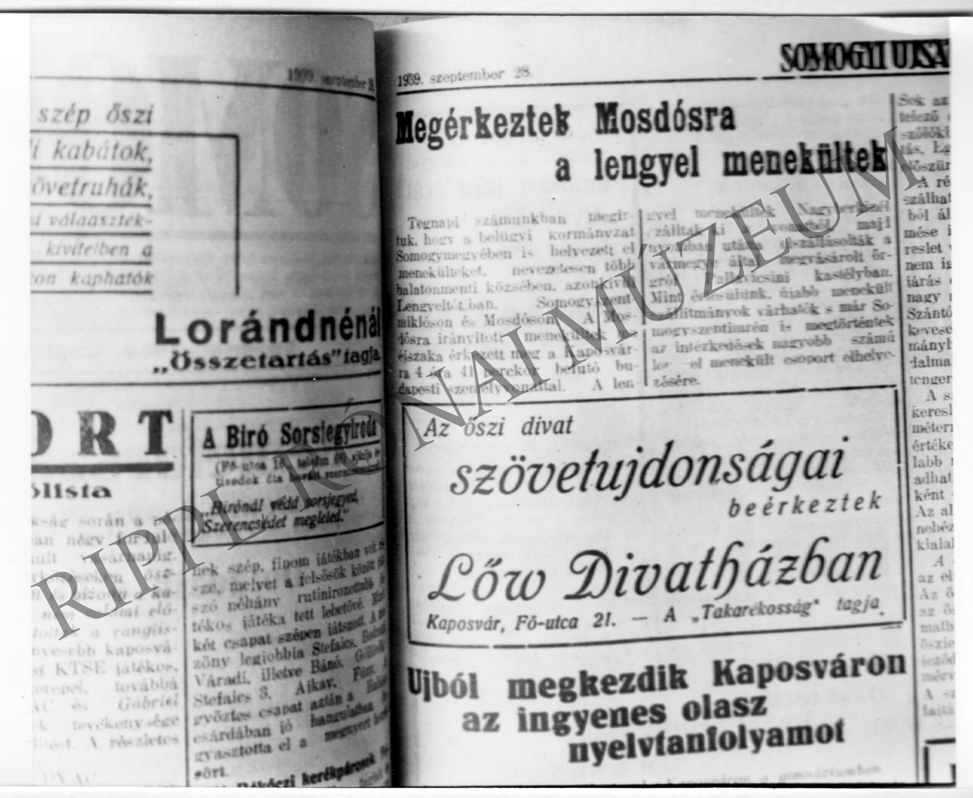 Újságcikk - Somogyi Ujság 1939. szeptember 28. "Megérkeztek Mosdósra a lengyel menekültek" (Rippl-Rónai Múzeum CC BY-NC-SA)