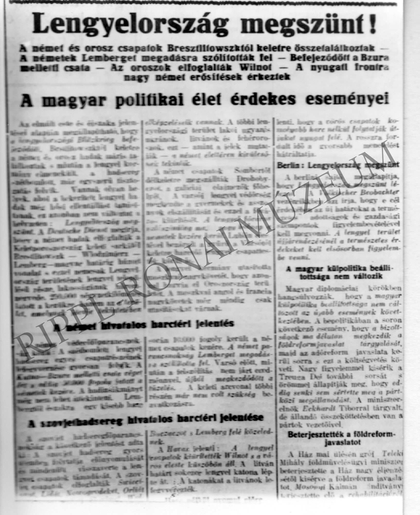Újságcikk - Somogyi Ujság 1939. szeptember 6.
"Lengyelország megszűnt!" (Rippl-Rónai Múzeum CC BY-NC-SA)