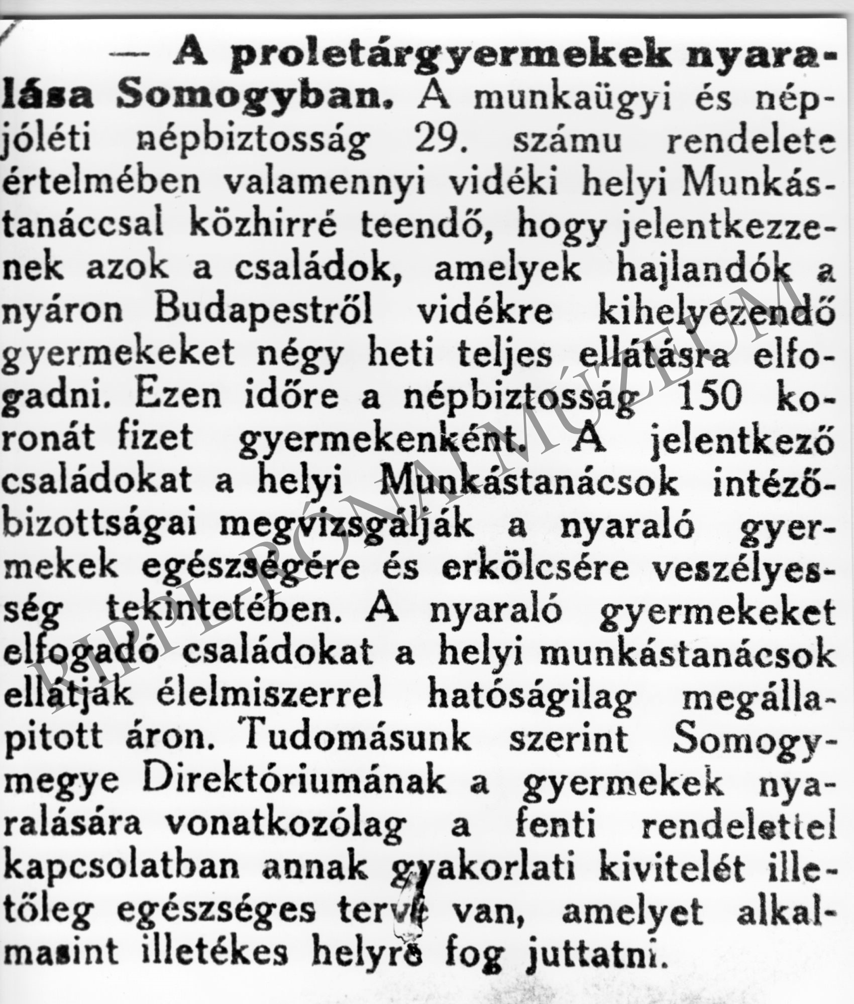 Újságcikk: A proletárgyermekek nyaralása Somogyban (Rippl-Rónai Múzeum CC BY-NC-SA)