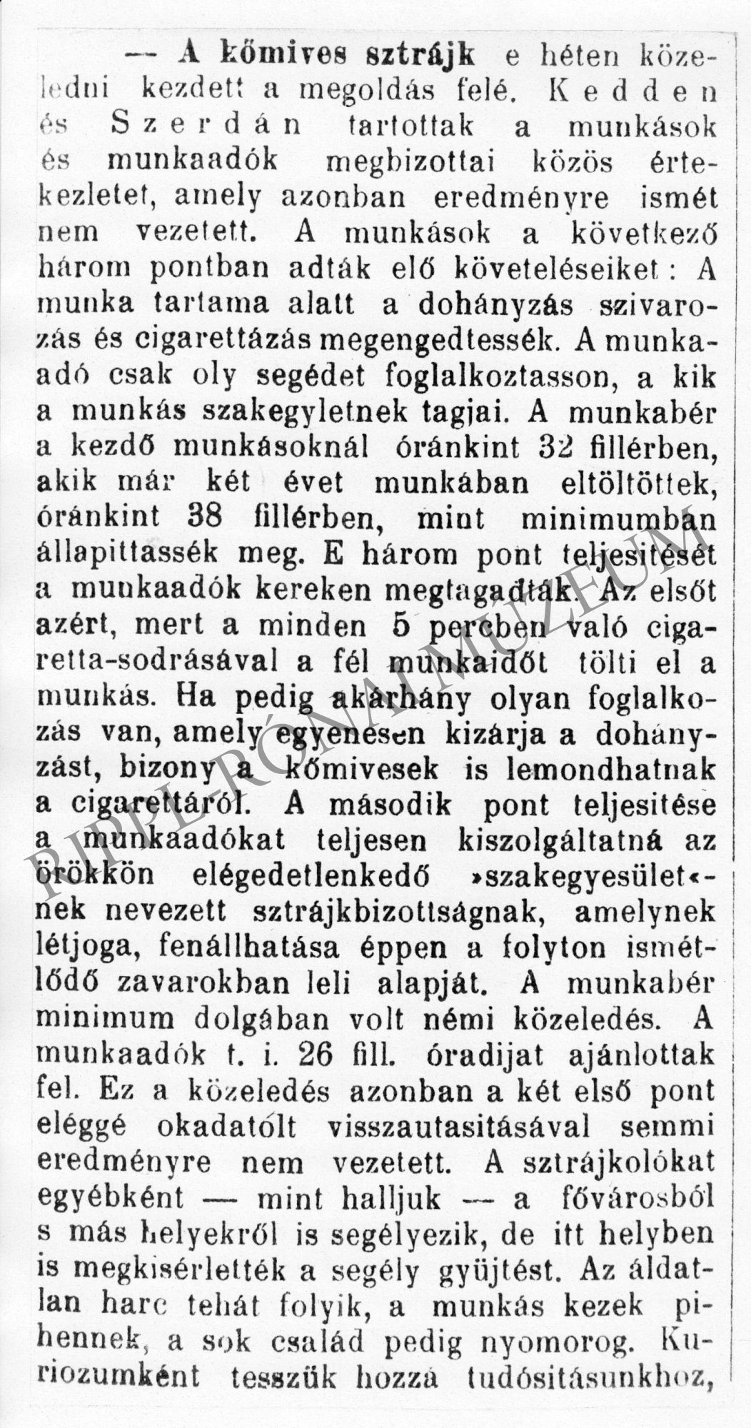 Újságcikk az 1905-ös kőmívessztrájkról (Rippl-Rónai Múzeum CC BY-NC-SA)
