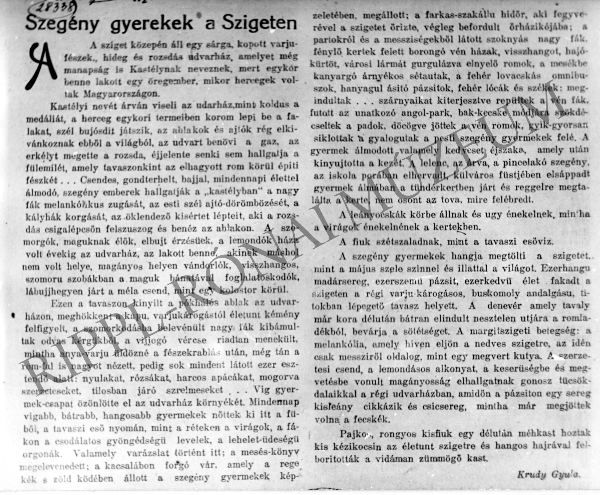 Újságcikk: Krudy Gyula: Szegény gyerekek a Szigeten (Rippl-Rónai Múzeum CC BY-NC-SA)