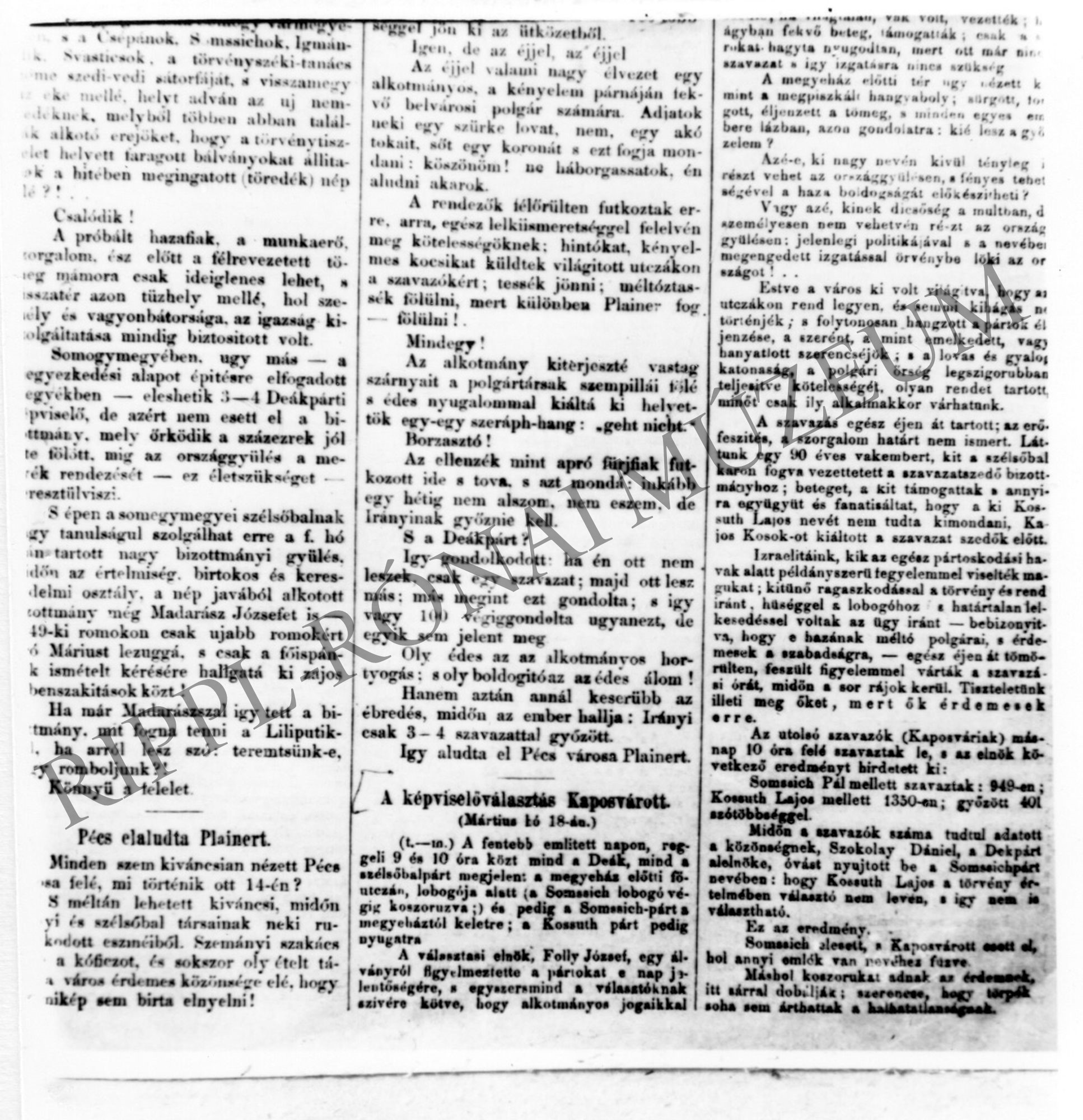 Újságcikk Somogy 1869. március 23. - Kossuth képviselővé választása - 1. rész (Rippl-Rónai Múzeum CC BY-NC-SA)