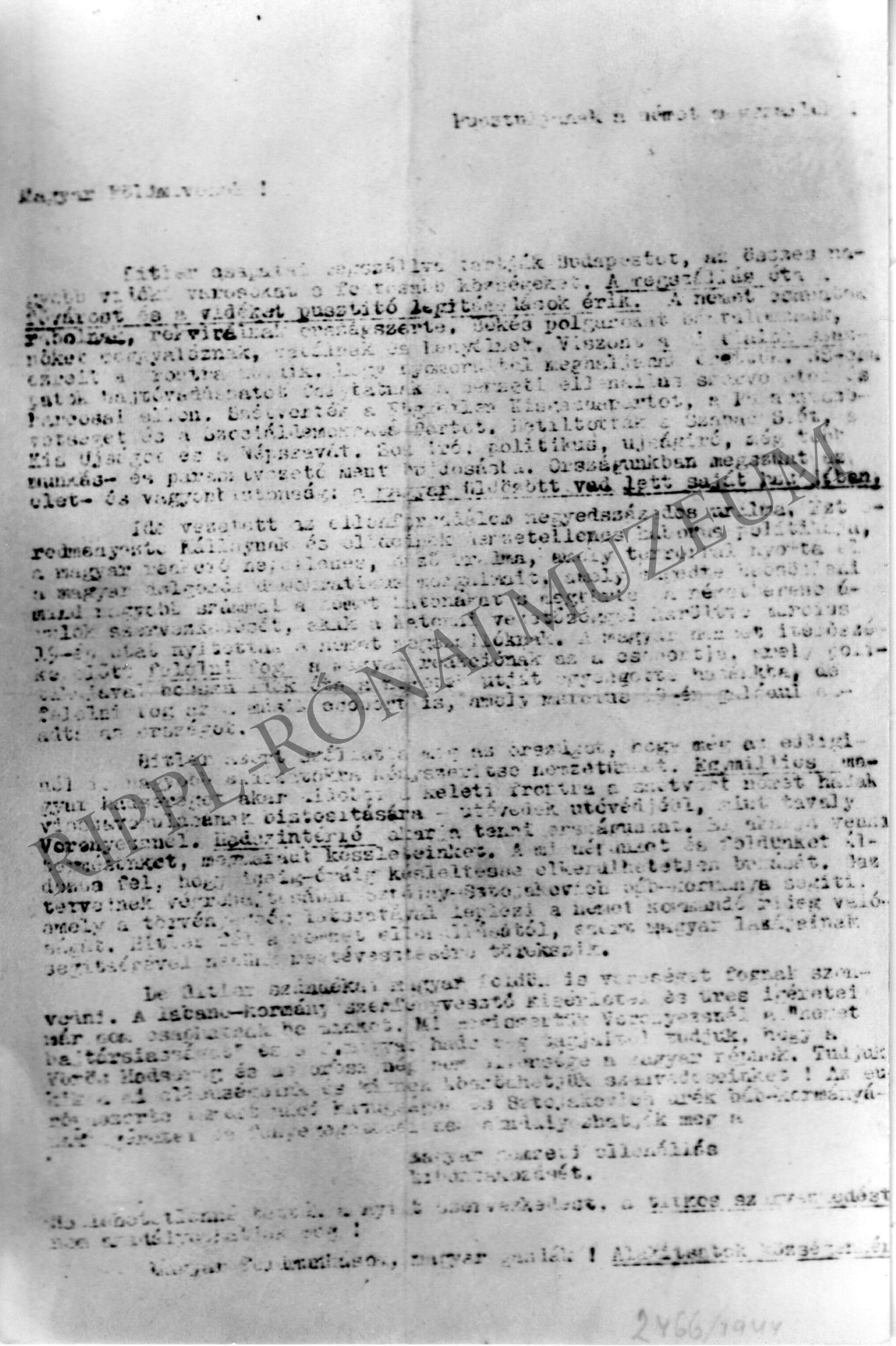 A Békepárt felhívása ellenállási bizottságok létrehozására 1944. április - 1. oldal (Rippl-Rónai Múzeum CC BY-NC-SA)
