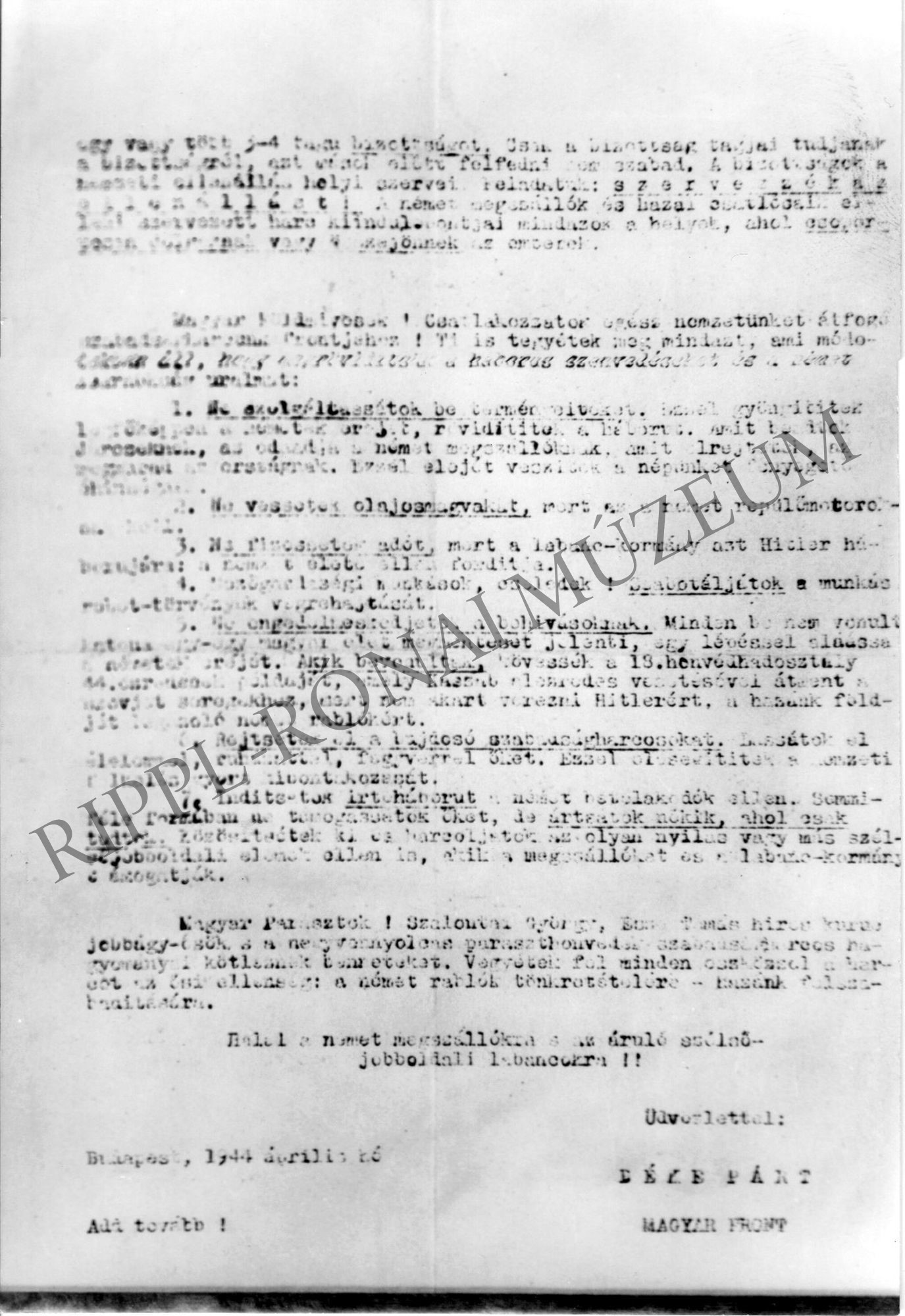 A Békepárt felhívása ellenállási bizottságok létrehozására 1944. április - 2. oldal (Rippl-Rónai Múzeum CC BY-NC-SA)