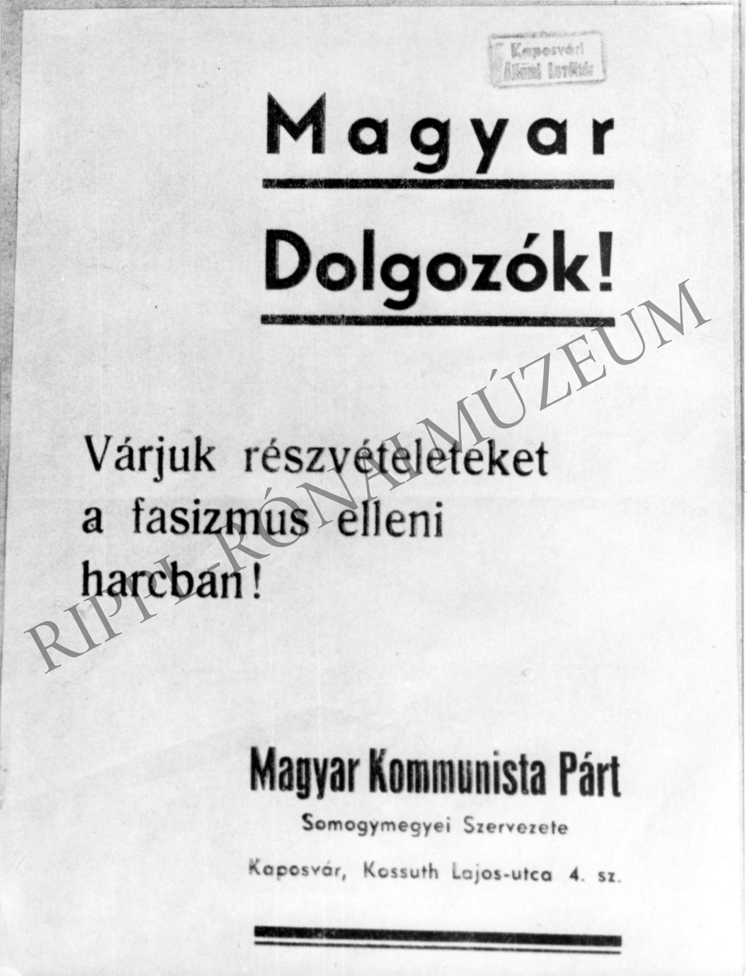 A fasizmus elleni harcra felhívó plakát - a Magyar Kommunista Párt somogyi szervezete (Rippl-Rónai Múzeum CC BY-NC-SA)
