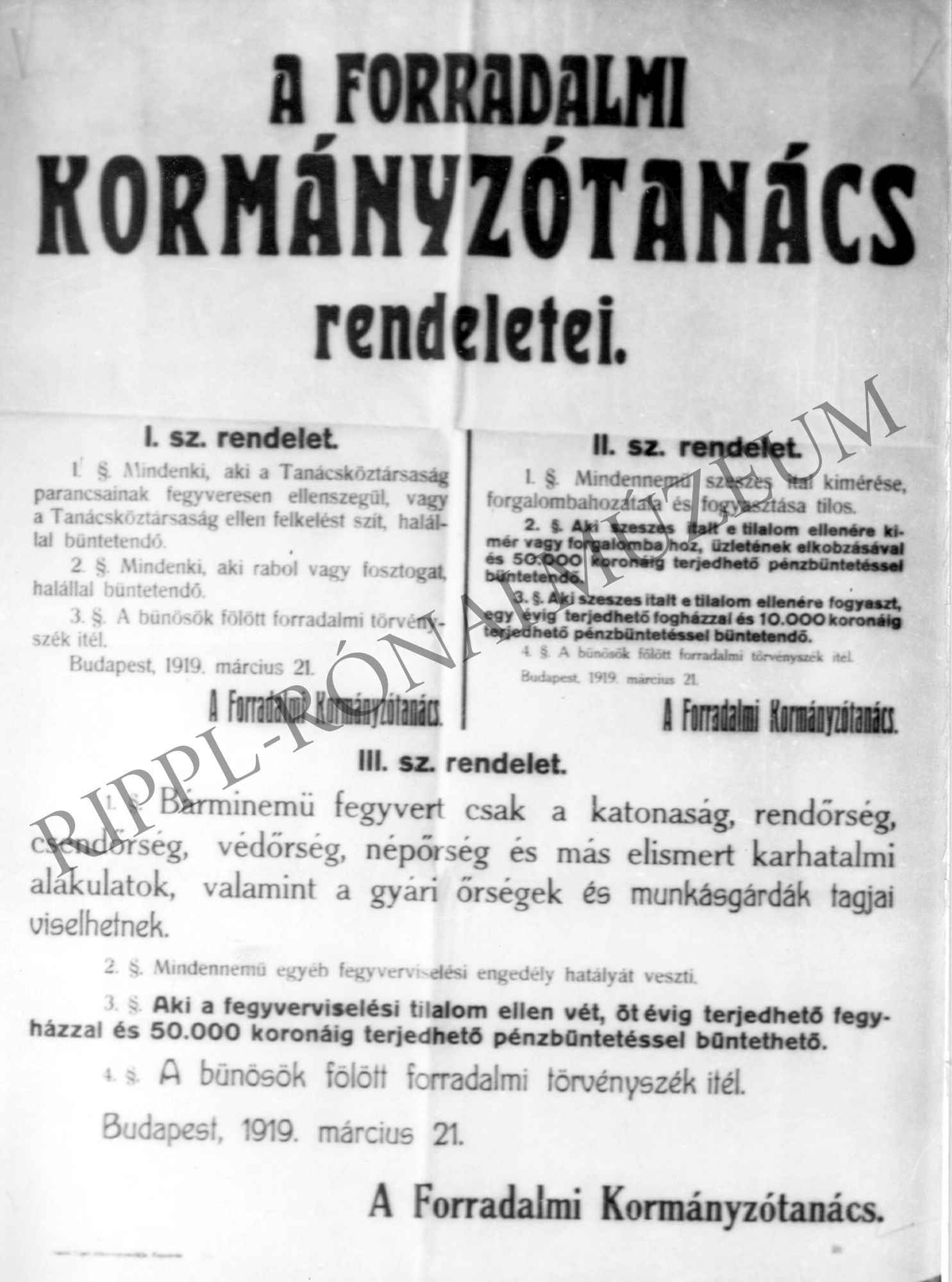 A Forradalmi Kormányzótanács rendeletei - 1919. március 21. (Rippl-Rónai Múzeum CC BY-NC-SA)