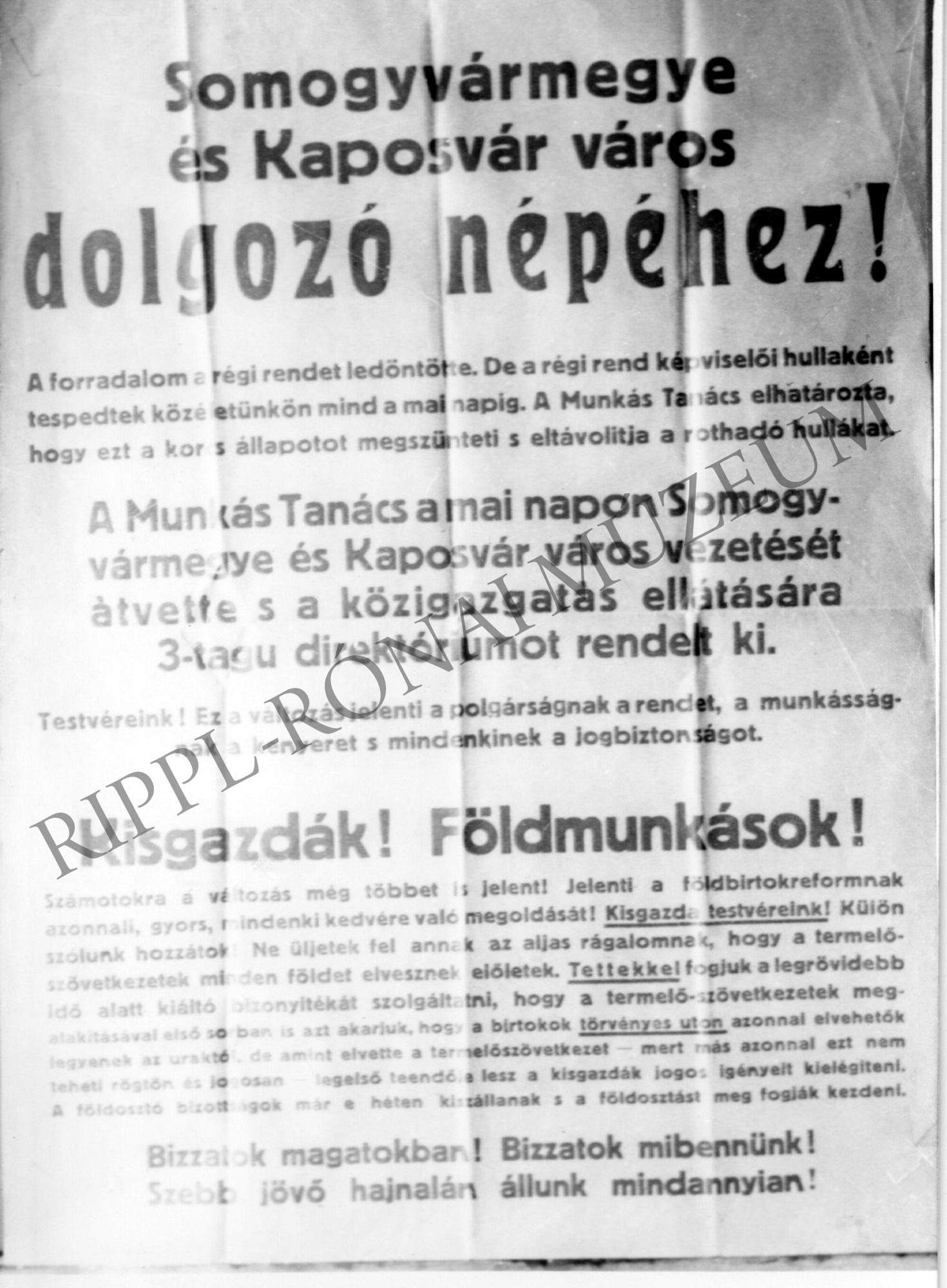 A kaposvári direktórium hírdetménye 1919. március 10. - arról, hogy átvették a város vezetését (Rippl-Rónai Múzeum CC BY-NC-SA)