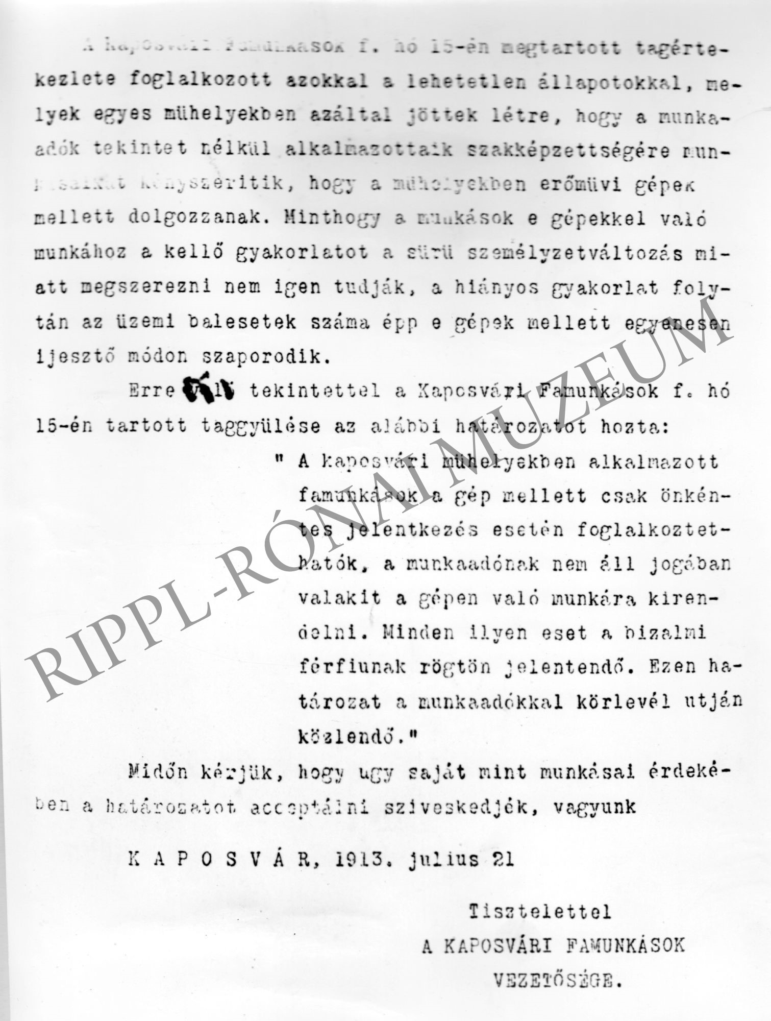 A kaposvári famunkások 1913. jún. 15-én megtartott tagértekezletének jegyzőkönyve (Rippl-Rónai Múzeum CC BY-NC-SA)