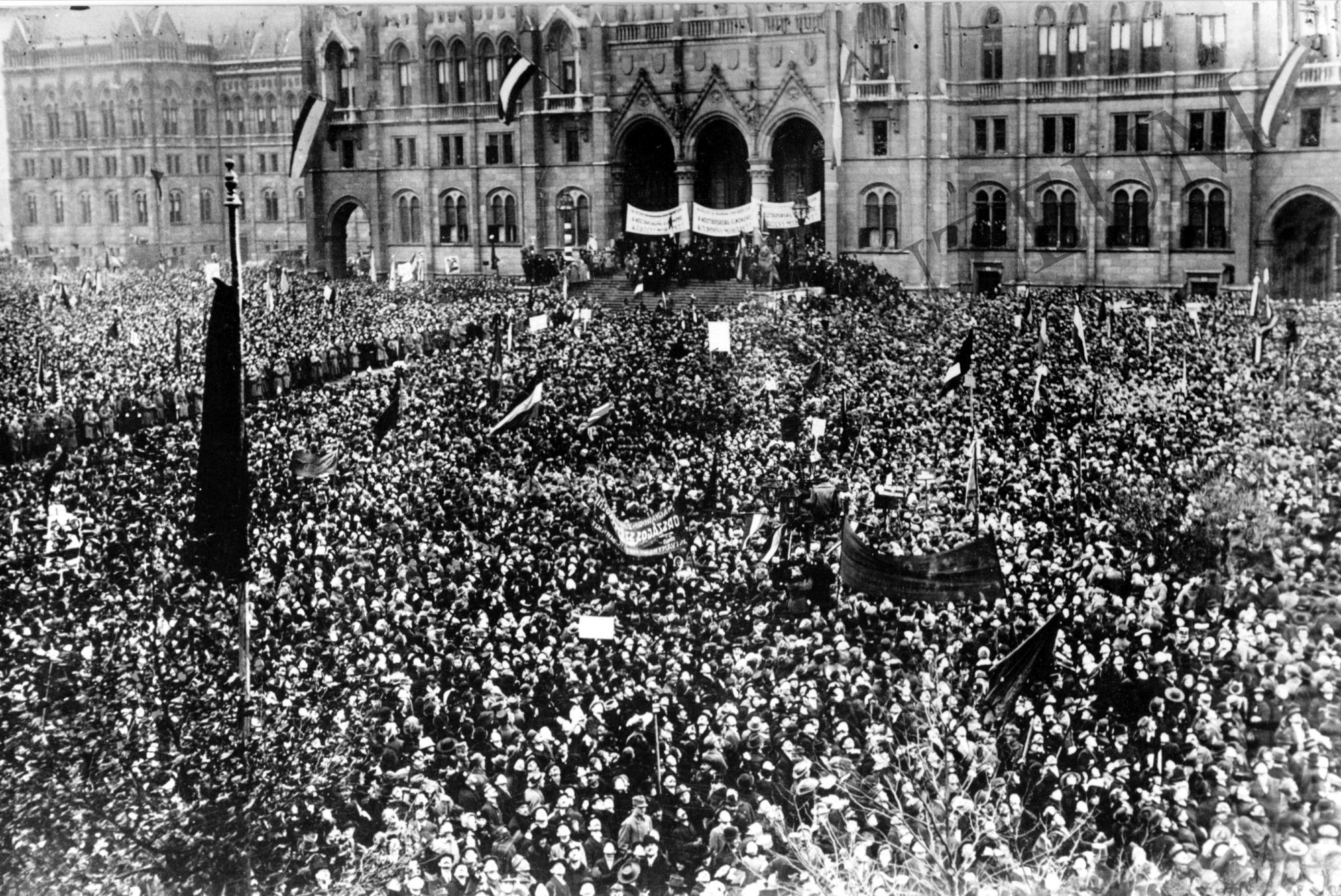 A köztársaság kikiáltása 1918. november 16-án - a Parlament előtti tömeg (Rippl-Rónai Múzeum CC BY-NC-SA)