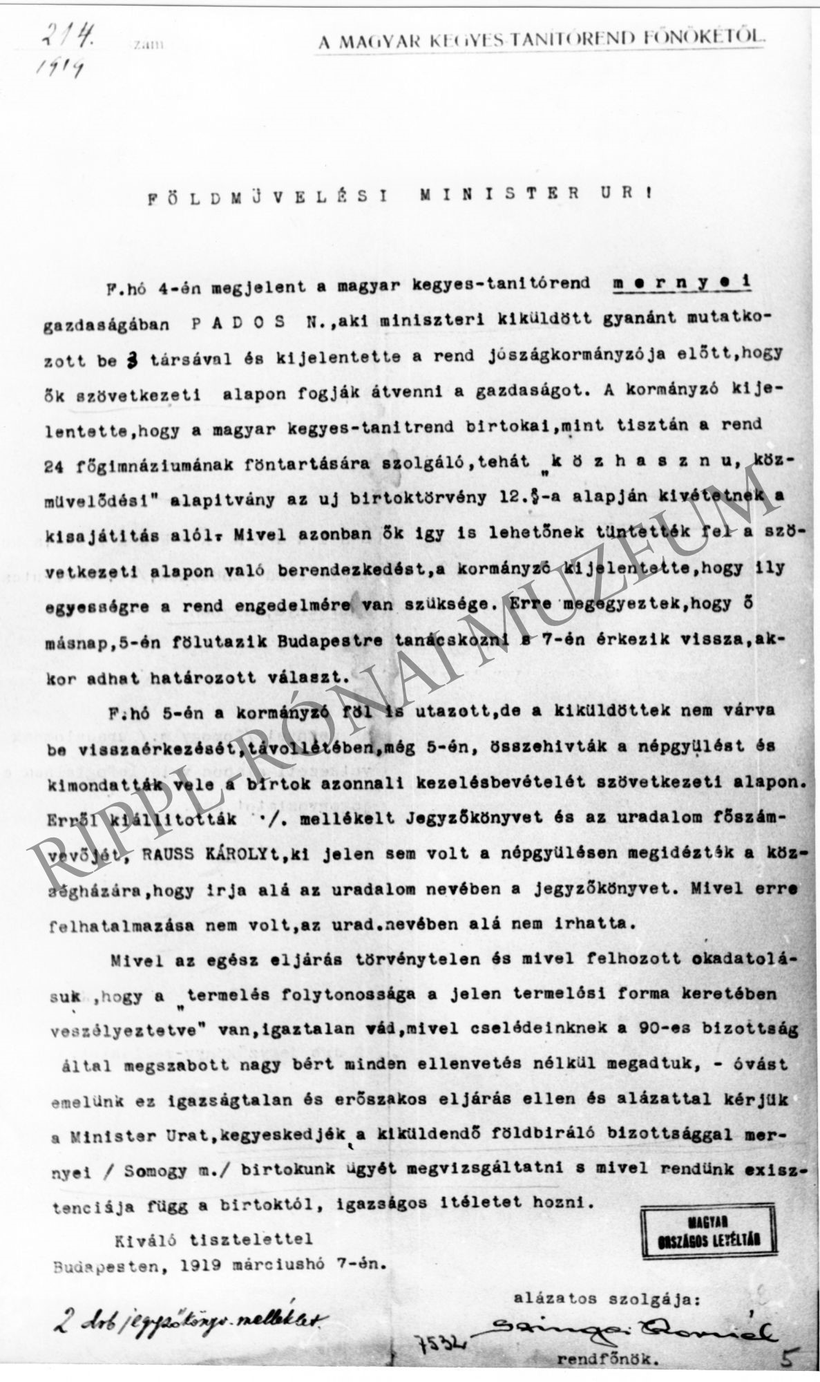A mernyei kegyes tanítórenda Földművelési Minisztériumhoz intézett levele, melyben a rendfőnök tiltakozik a föld szövetkezeti igénybevétele miatt. (Rippl-Rónai Múzeum CC BY-NC-SA)