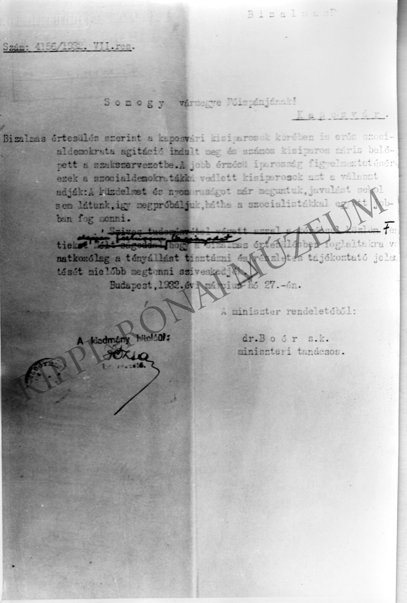 A miniszteri tanácsos levele Somogy főispánjához - a kaposvári kisiparosok körében is erős szociáldemokrata agitáció (Rippl-Rónai Múzeum CC BY-NC-SA)