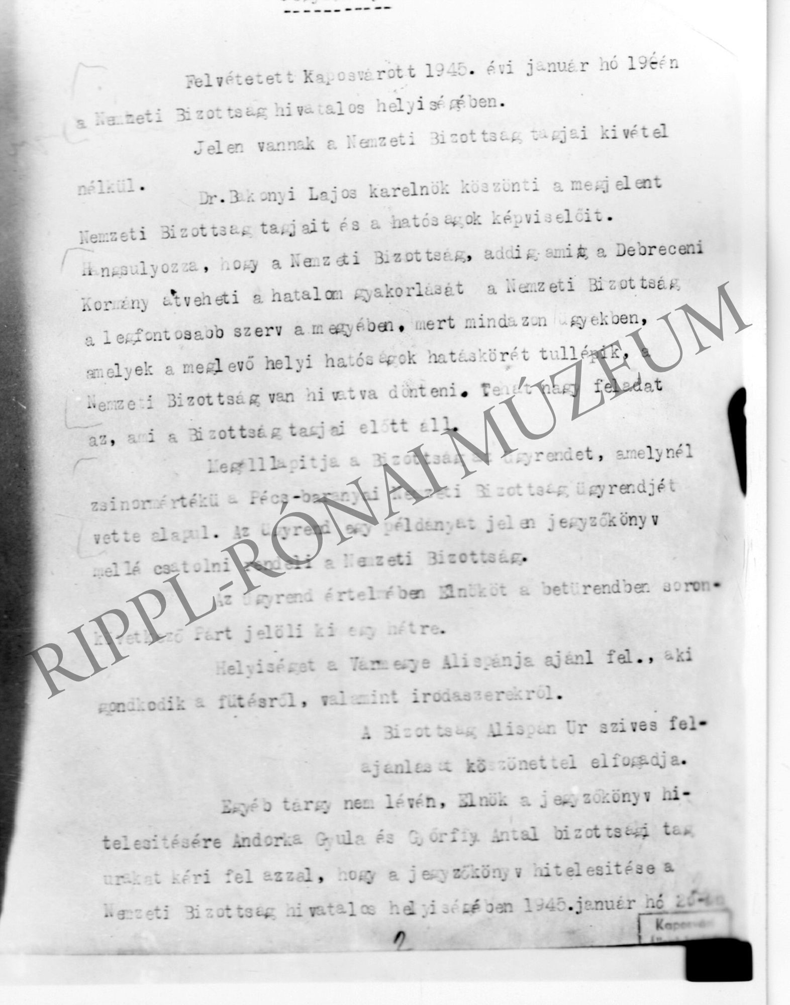 A Nemzeti Bizottság jegyzőkönyve - 1945. január 20. (Rippl-Rónai Múzeum CC BY-NC-SA)