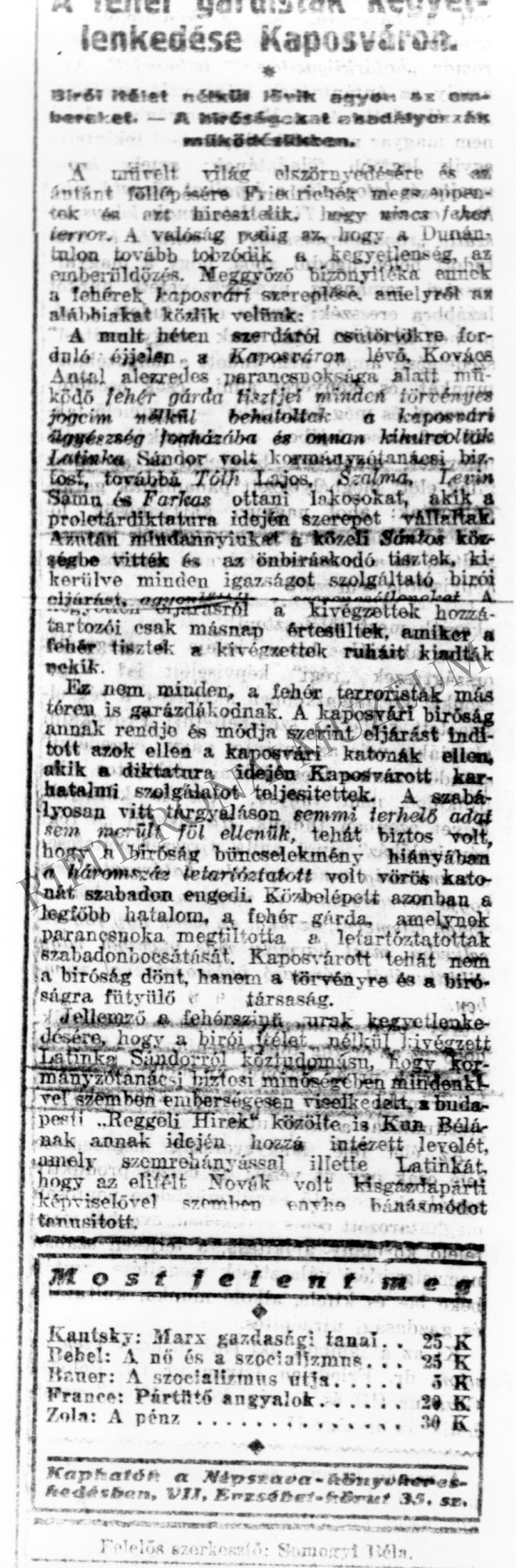 A Népszava cikke:" A fehér gárdisták kegyetlenkedése Kaposváron" (Rippl-Rónai Múzeum CC BY-NC-SA)