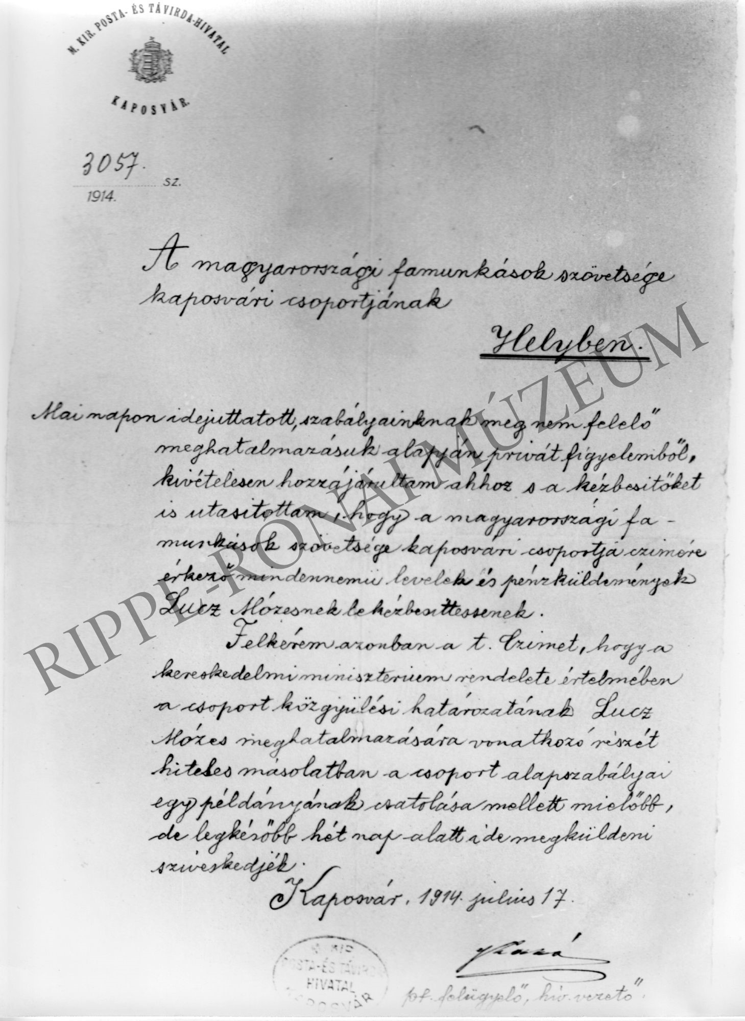 A Posta figyelmeztető levele a magyarországi famunkások szövetsége kaposvári csoportjának (Rippl-Rónai Múzeum CC BY-NC-SA)