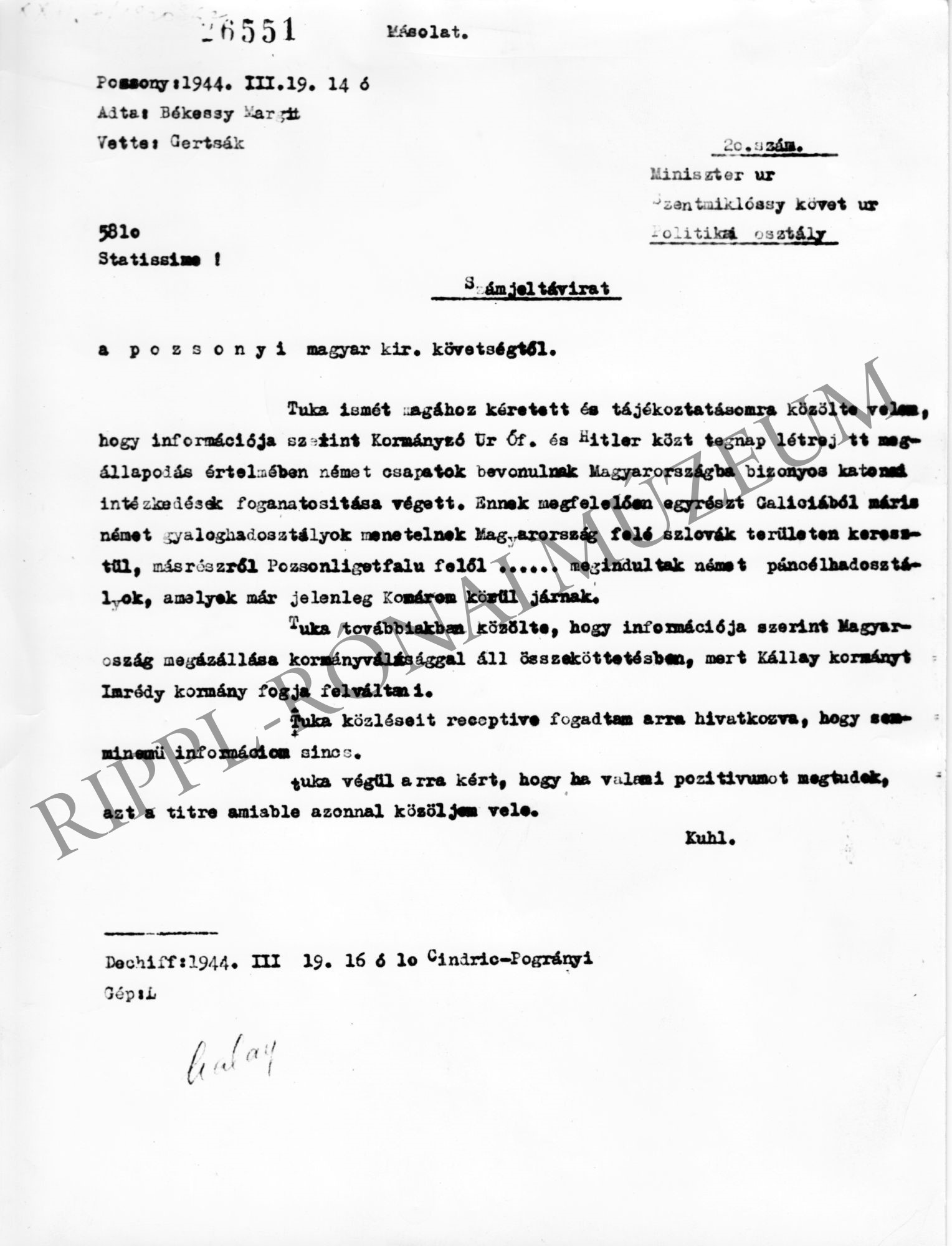A pozsonyi magyar követség távirata a német megszállásról. 1944. március 19. (Rippl-Rónai Múzeum CC BY-NC-SA)