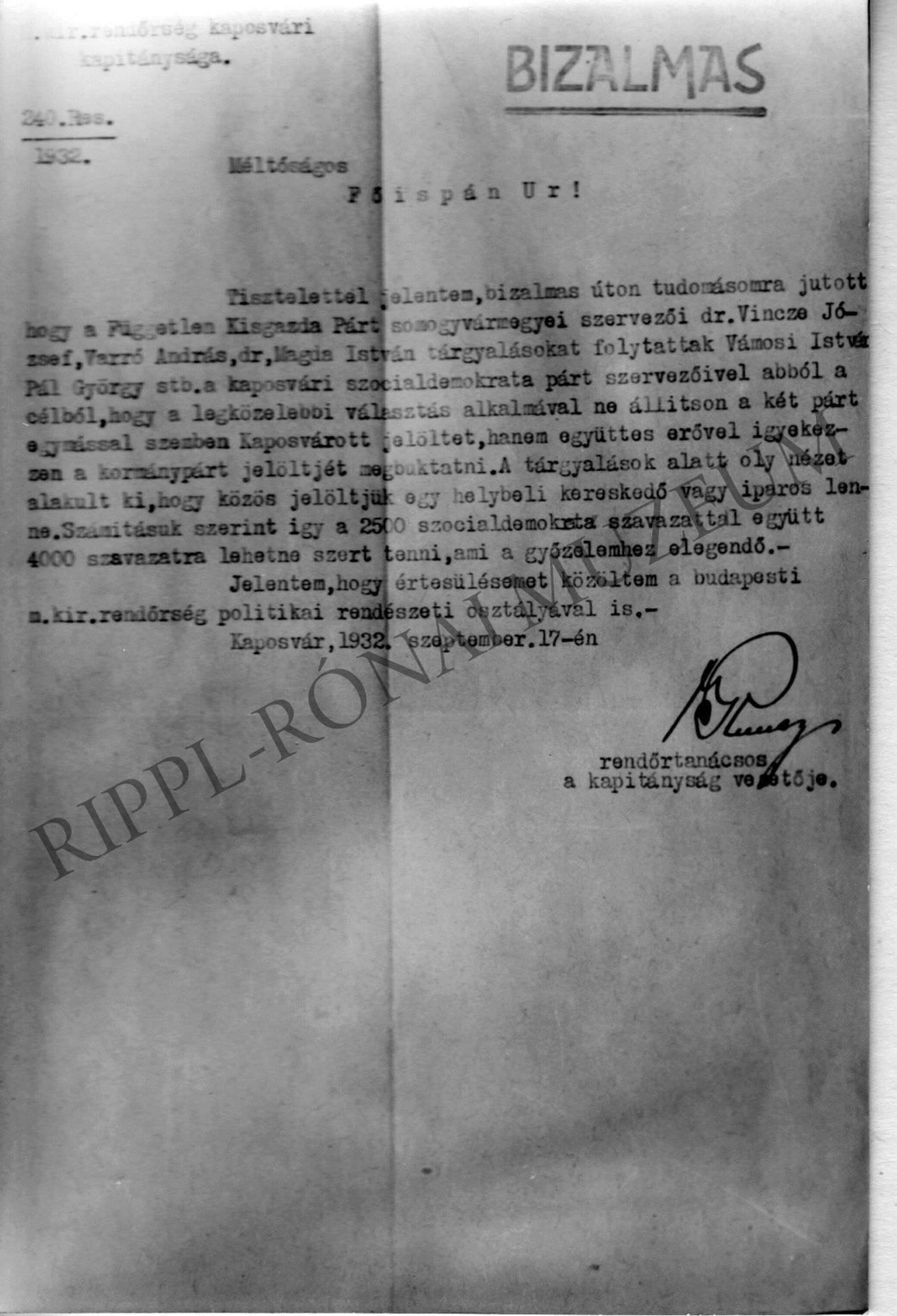 A somogyi rendőrkapitány figyelmeztető levele a főispánhoz (Rippl-Rónai Múzeum CC BY-NC-SA)