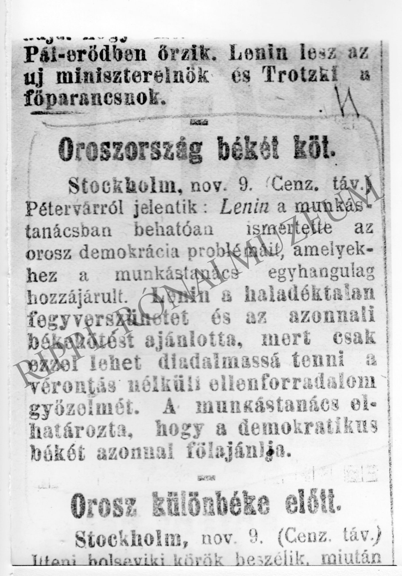 A Somogyvármegye 1917. november 10-i számából cikk: "Oroszország békét köt" (Rippl-Rónai Múzeum CC BY-NC-SA)