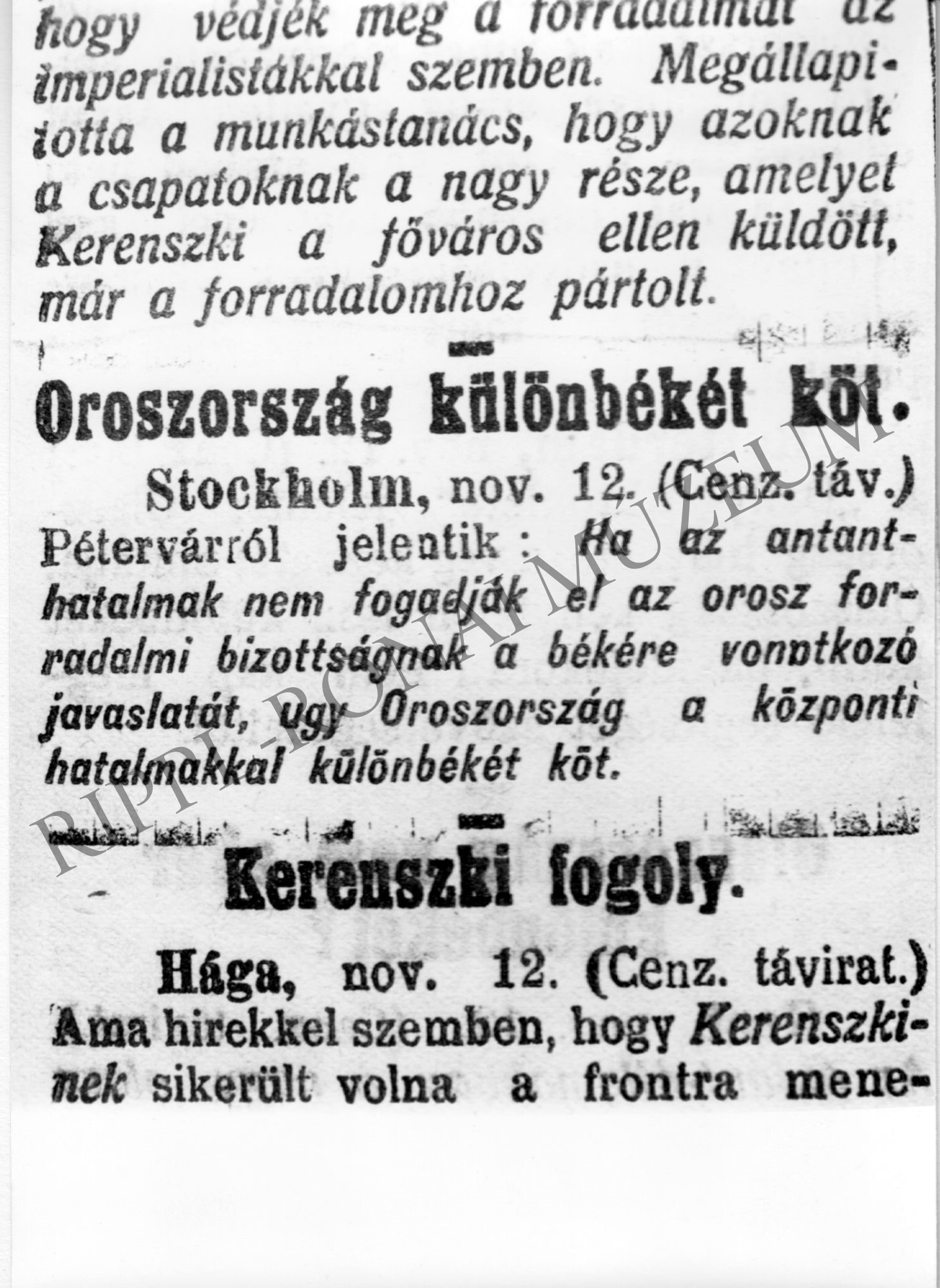 A Somogyvármegye c. lap cikke - 1917. november 13. "Oroszország különbékét kött" (Rippl-Rónai Múzeum CC BY-NC-SA)