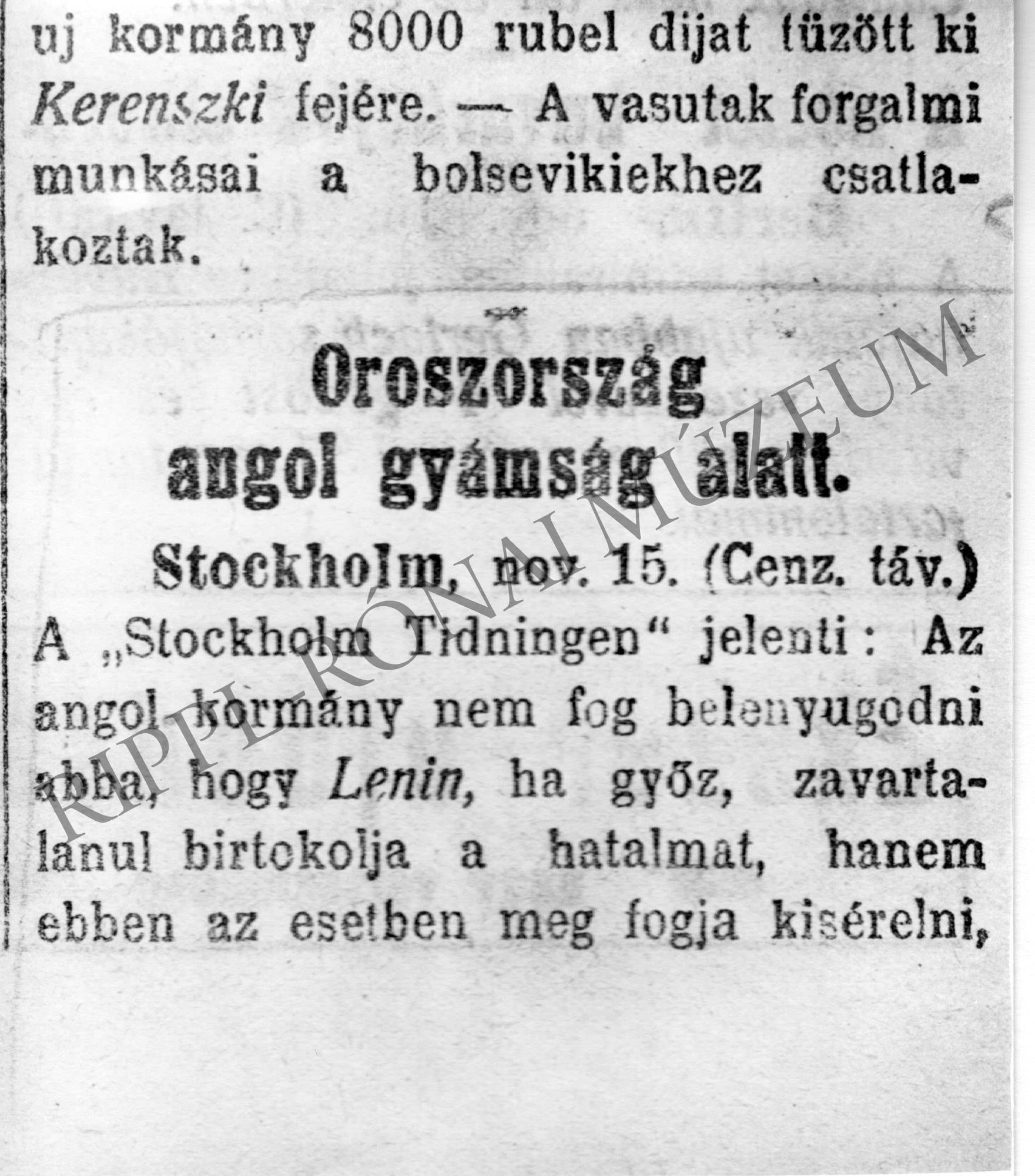 A Somogyvármegye c. lap cikke - 1917. november 16. "Oroszország angol gyámság alattt" (Rippl-Rónai Múzeum CC BY-NC-SA)