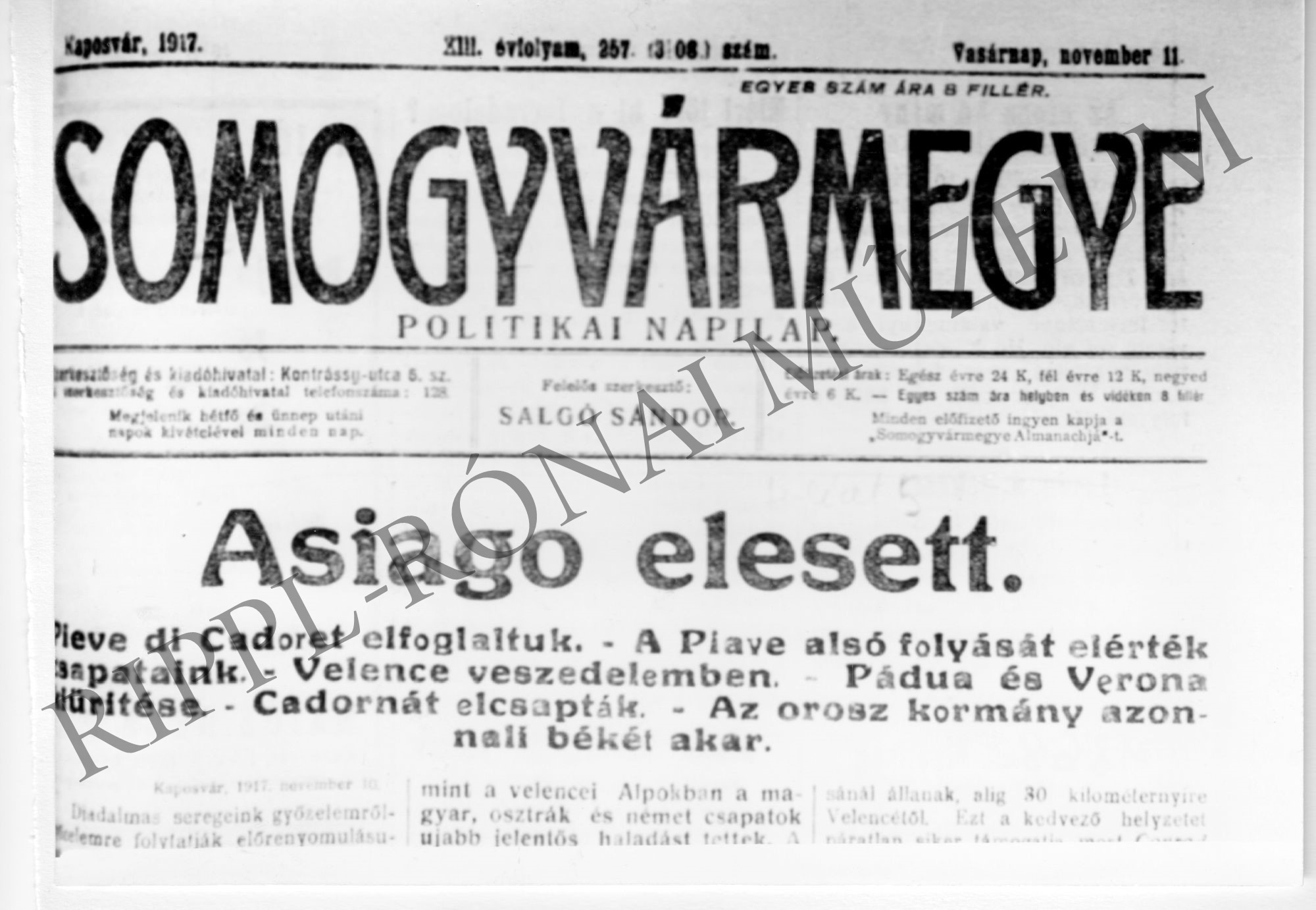 A Somogyvármegye c. lap fejléce - 1917. november 11. (Rippl-Rónai Múzeum CC BY-NC-SA)