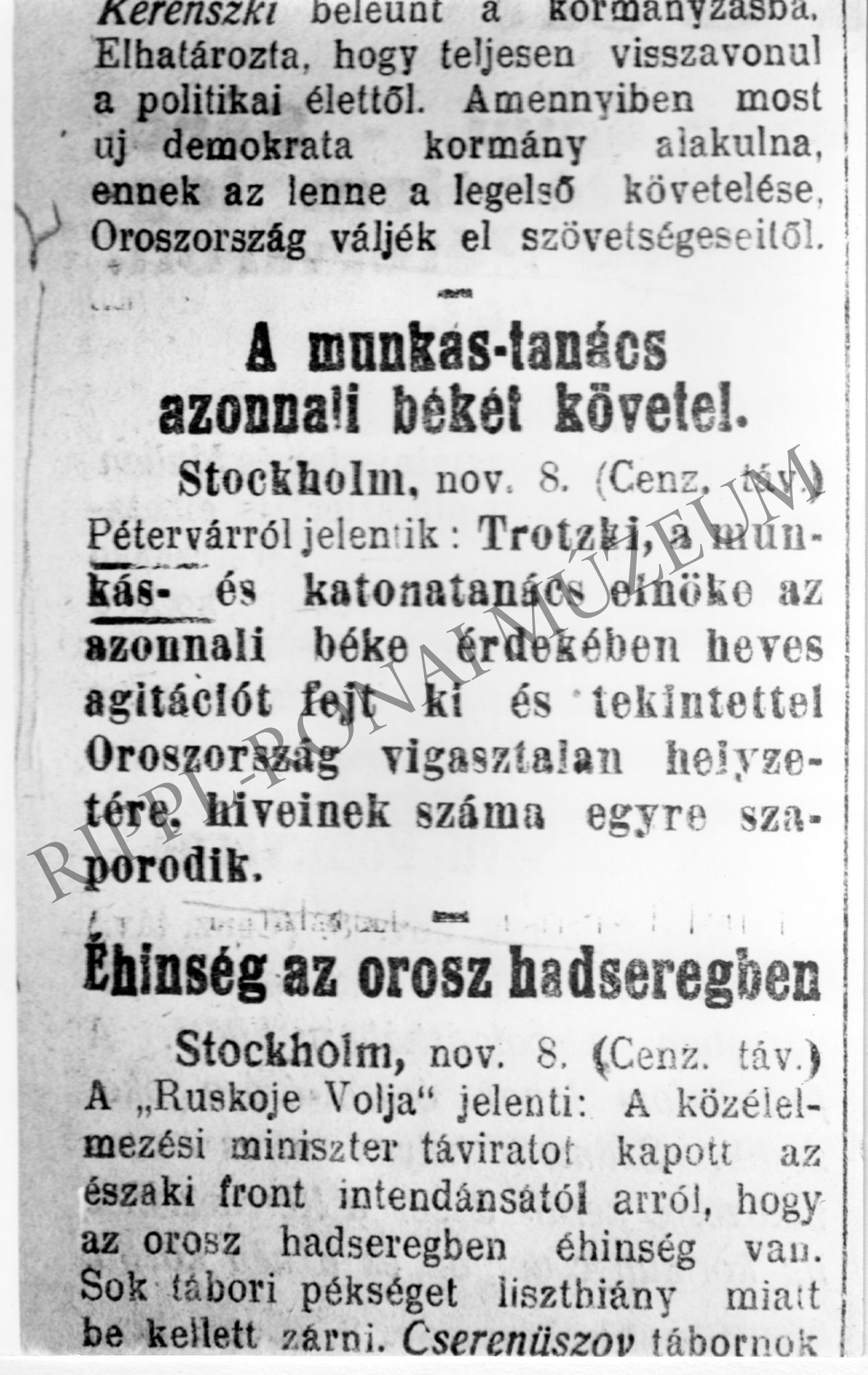A Somorvármegye 1917. november 9-i számából: "A munkás-tanács azonnali békét követel" (Rippl-Rónai Múzeum CC BY-NC-SA)