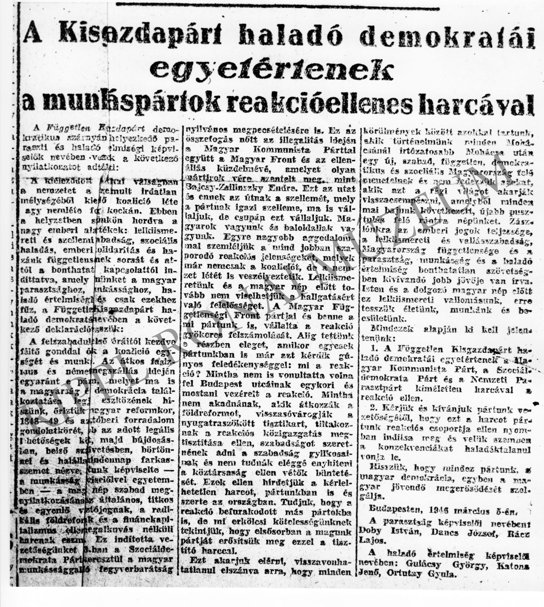 A Szabad Nép cikke a kisgazdapárti baloldalról. 1947. (Rippl-Rónai Múzeum CC BY-NC-SA)