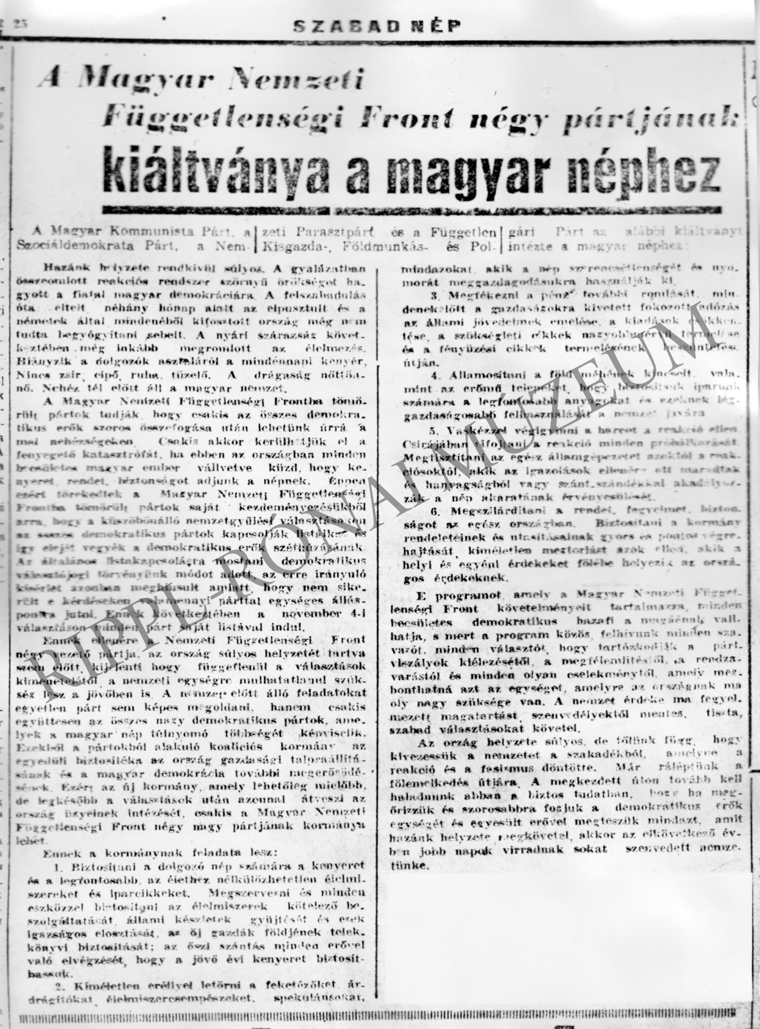 A Szabad Nép cikke: "A Mgyar Nemzeti Függetlensáégi Front négy pártjának kiáltványa magyar néphez" (Rippl-Rónai Múzeum CC BY-NC-SA)