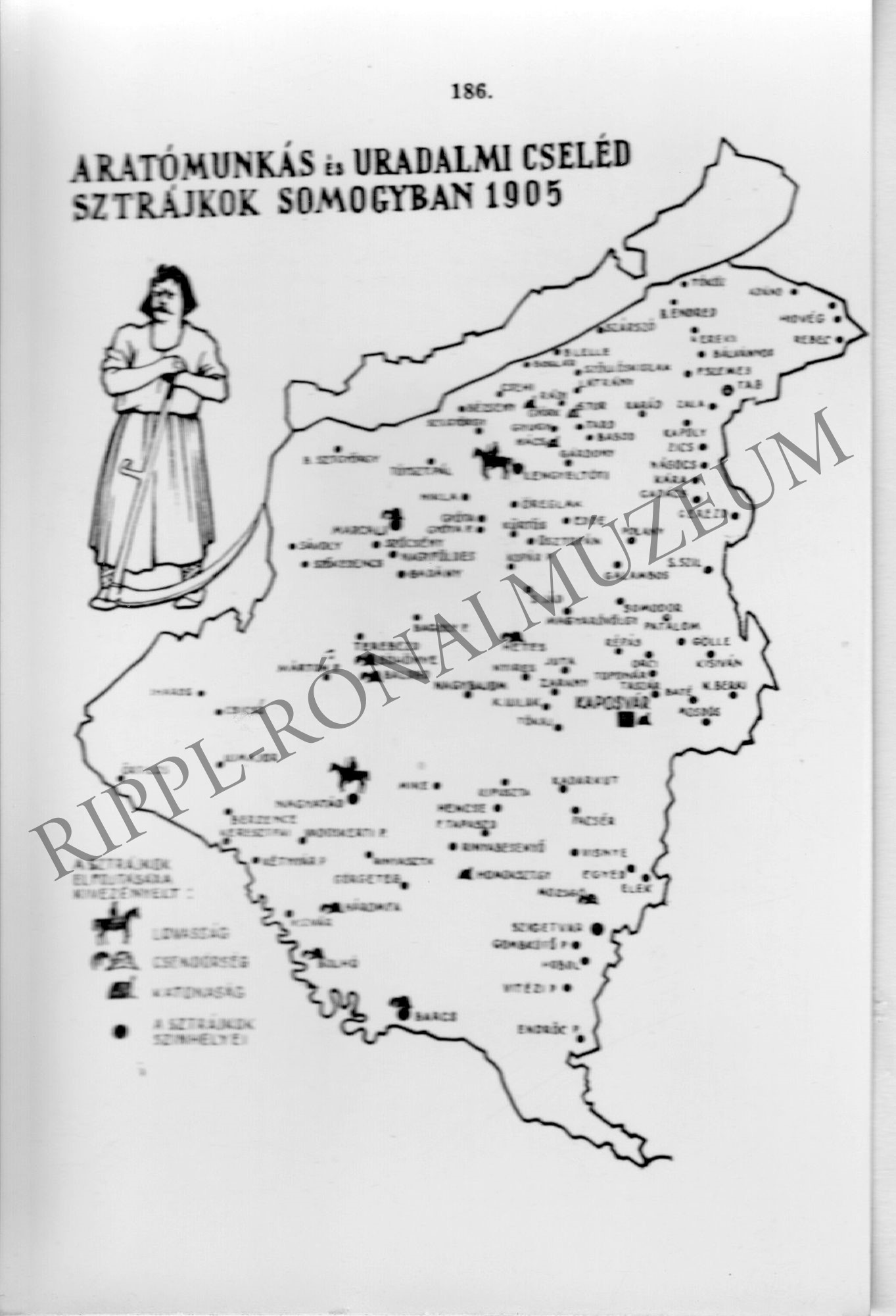 Aratómunkás és uradalmi cselédsztrájkok 1905-ös somogyi székhelyeit bemutató térkép (Rippl-Rónai Múzeum CC BY-NC-SA)