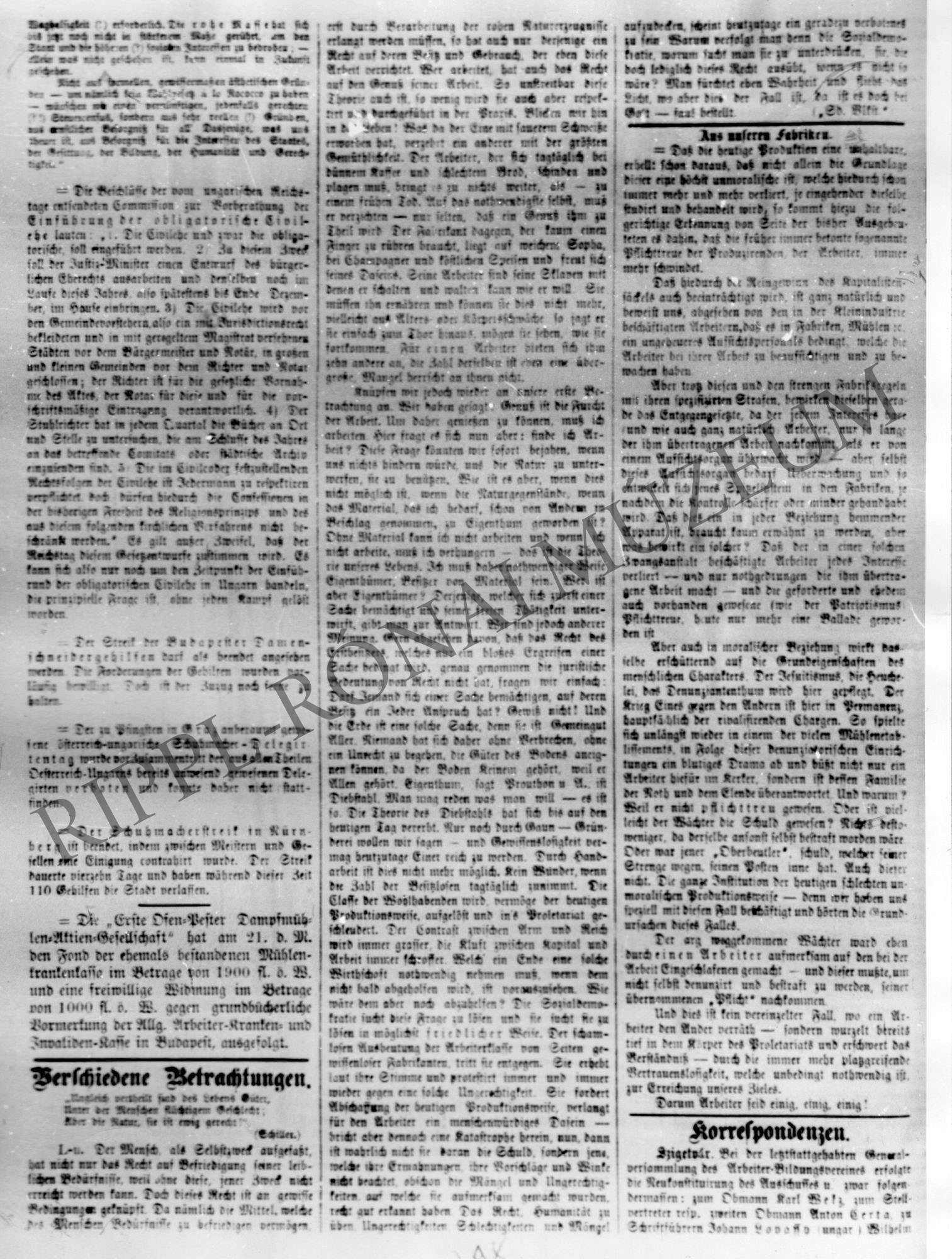 Arbeiter Wochen Chronic 1874. május 31. cikke - A szigetvári Munkás Művelődési Egylet kiáltványa - 1. rész (Rippl-Rónai Múzeum CC BY-NC-SA)