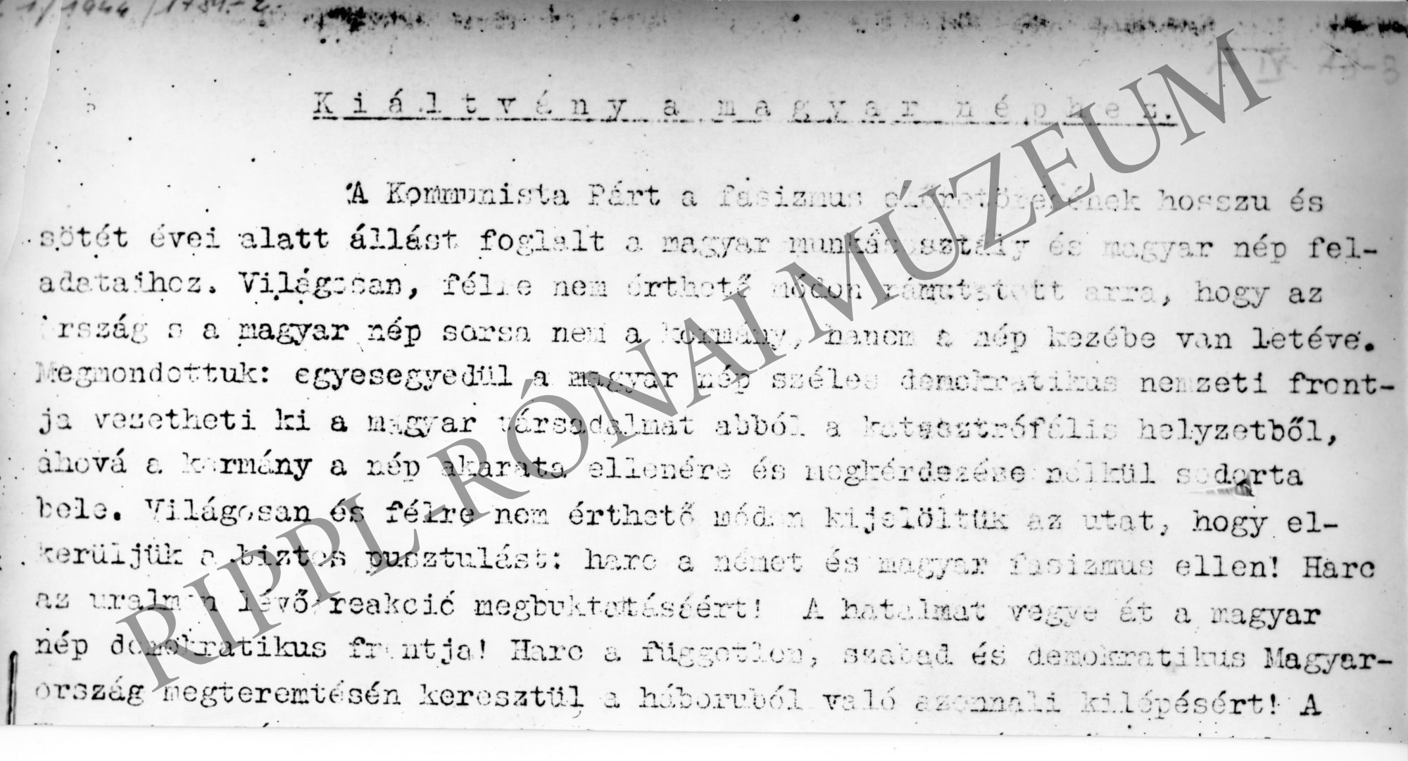 Az 1944 szeptemberében újjáalakult MKP kiáltványa (Rippl-Rónai Múzeum CC BY-NC-SA)
