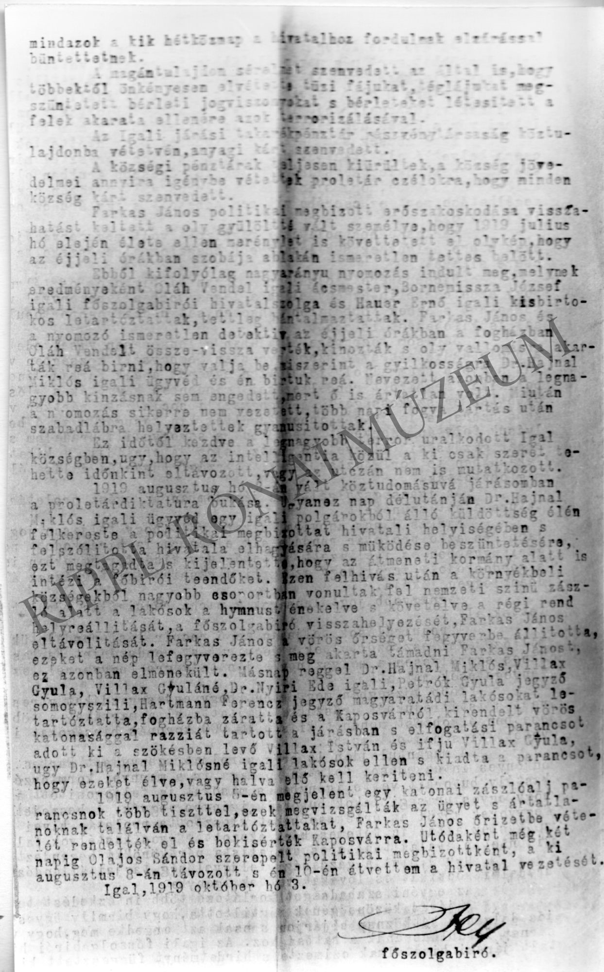 Az igali főszolgabíró jelentése az alispánnak - a bukott tanácsköztársaság letartóztatottjairól - 1919. október 3. - 4. oldal (Rippl-Rónai Múzeum CC BY-NC-SA)