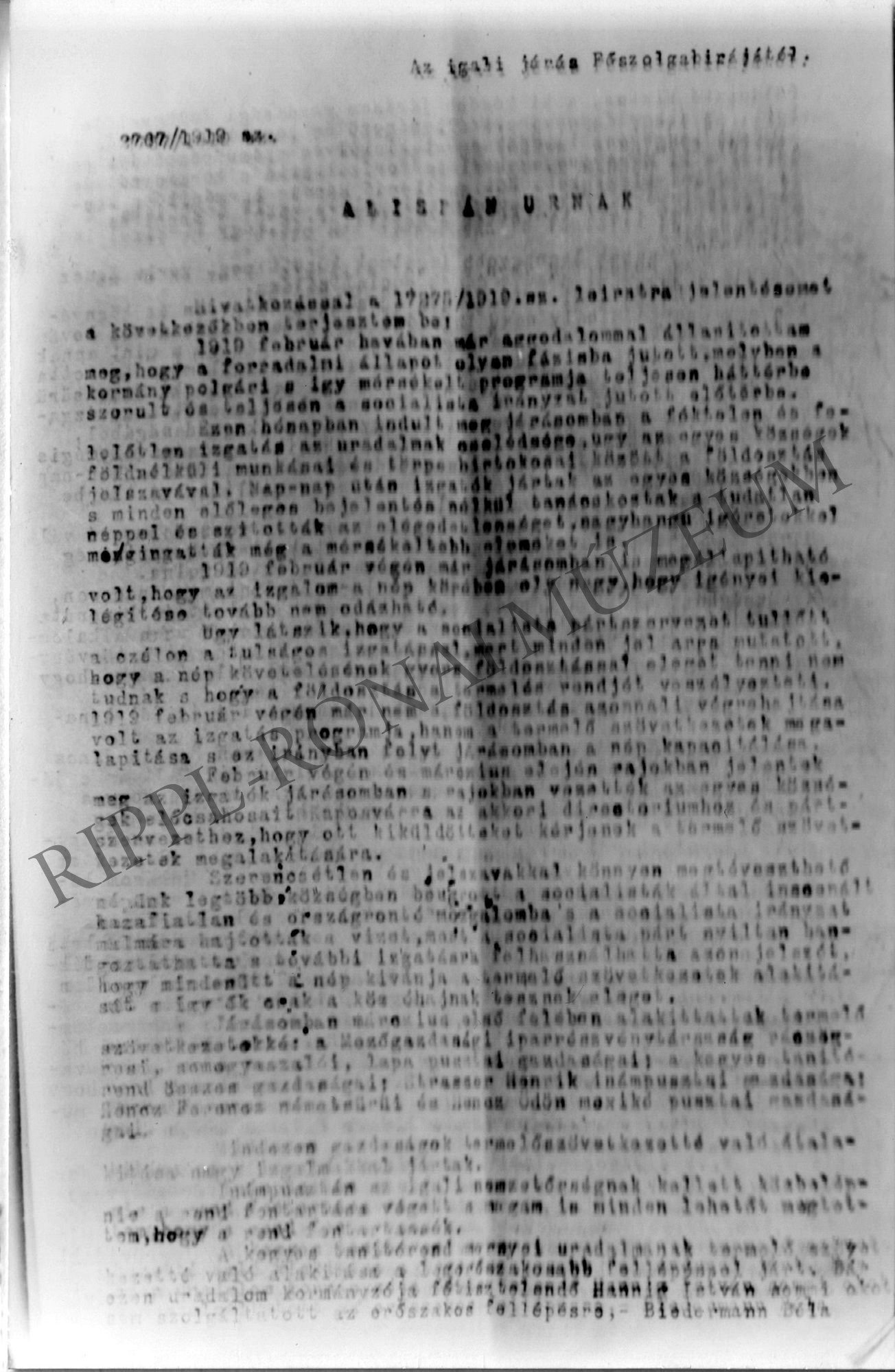 Az igali főszolgabíró jelentése az alispánnak - a bukott tanácsköztársaság letartóztatottjairól - 1919. október 3. - 1. oldal (Rippl-Rónai Múzeum CC BY-NC-SA)