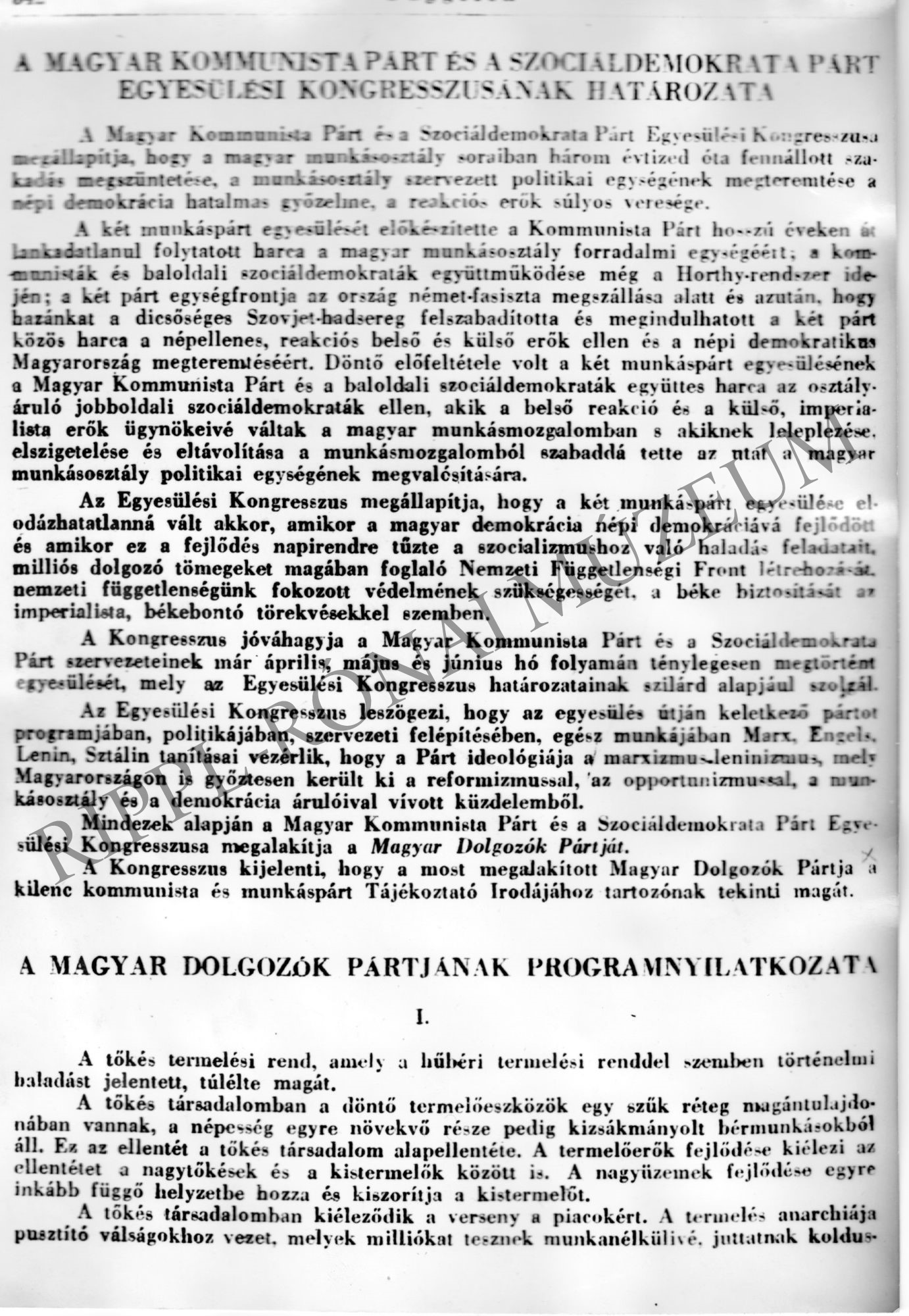 Az MKP és az SZDP egyesülési kongresszusának határozata 1948. (Rippl-Rónai Múzeum CC BY-NC-SA)