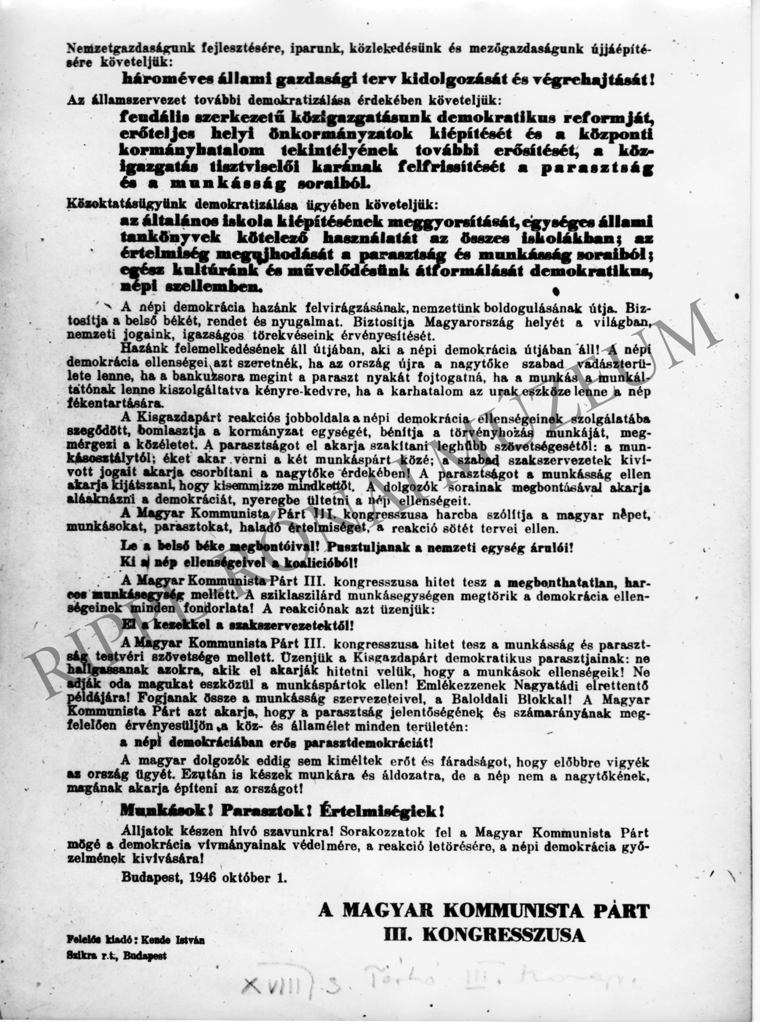 Az MKP III. kongresszusának kiadványa. 1946. okt. 1. (Rippl-Rónai Múzeum CC BY-NC-SA)