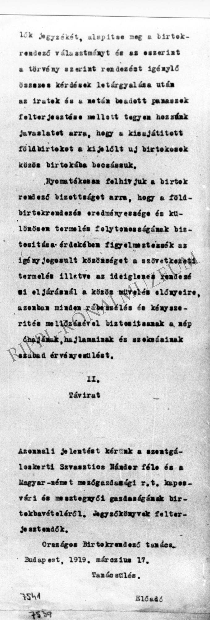 Az Országos Birtokrendező Tanács 1919. márc. 17. intézkedése a somogyi földigénybevétellel kapcsolatban - 2. old. (Rippl-Rónai Múzeum CC BY-NC-SA)