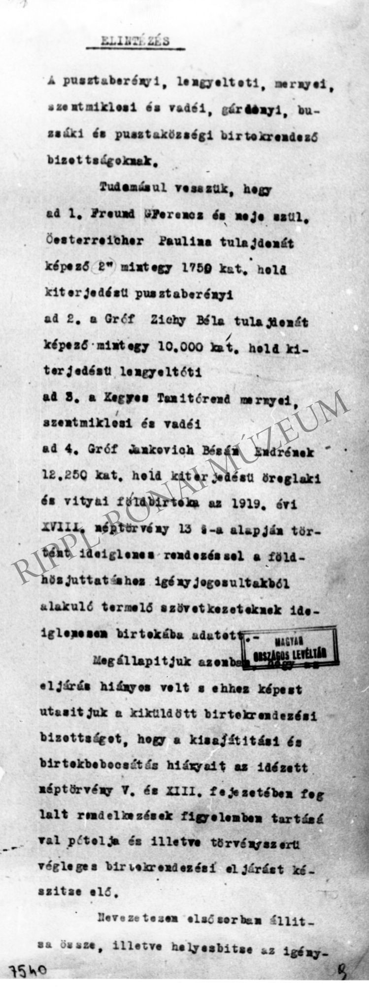 Az Országos Birtokrendező Tanács 1919. márc. 17. intézkedése a somogyi földigénybevétellel kapcsolatban (Rippl-Rónai Múzeum CC BY-NC-SA)