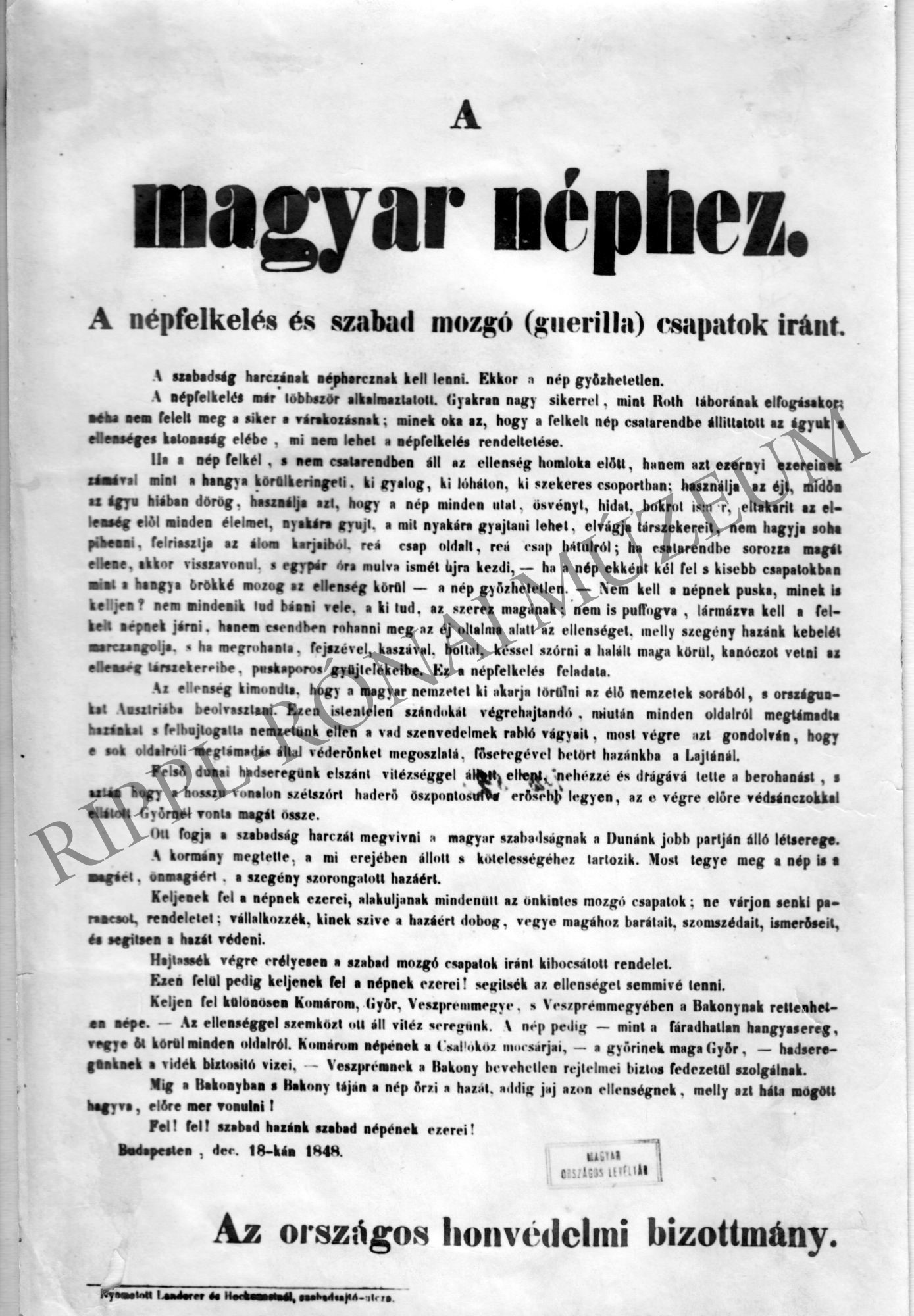Az Országos Honvédelmi Bizottmány röpcédulája "A magyar néphez" 1848. december 18. (Rippl-Rónai Múzeum CC BY-NC-SA)