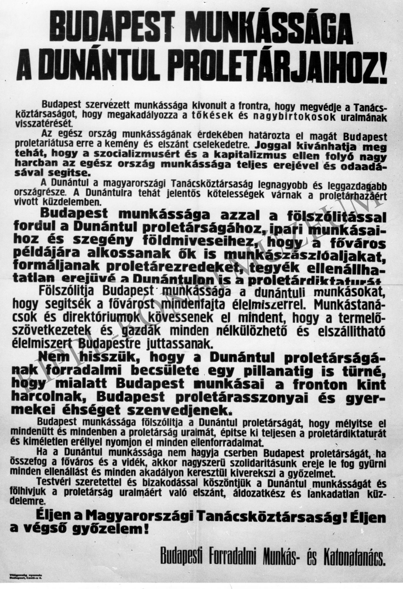 "Budapest munkássága a Dunántúl proletárságához!" c. röplap (Rippl-Rónai Múzeum CC BY-NC-SA)