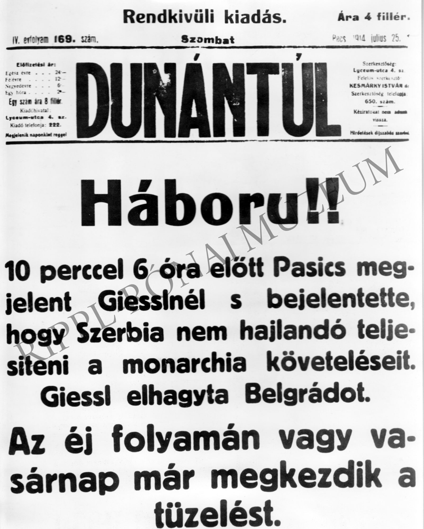 Dunántúl c. lap rendkívüli kiadása az első világháború kitöréséről (Rippl-Rónai Múzeum CC BY-NC-SA)