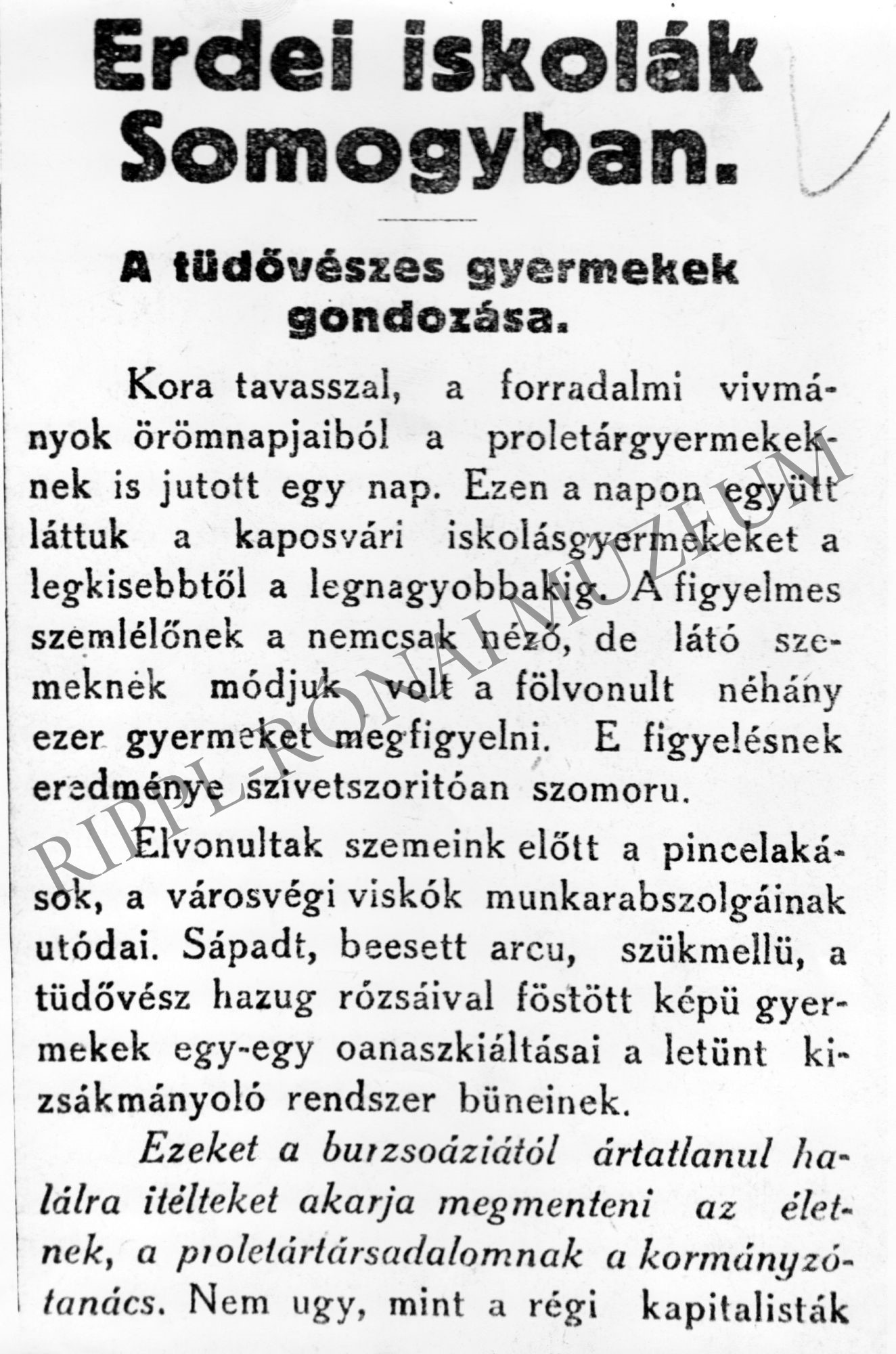 Erdei iskolák Somogyban - a Somogyi Vörös Újság cikke (Rippl-Rónai Múzeum CC BY-NC-SA)
