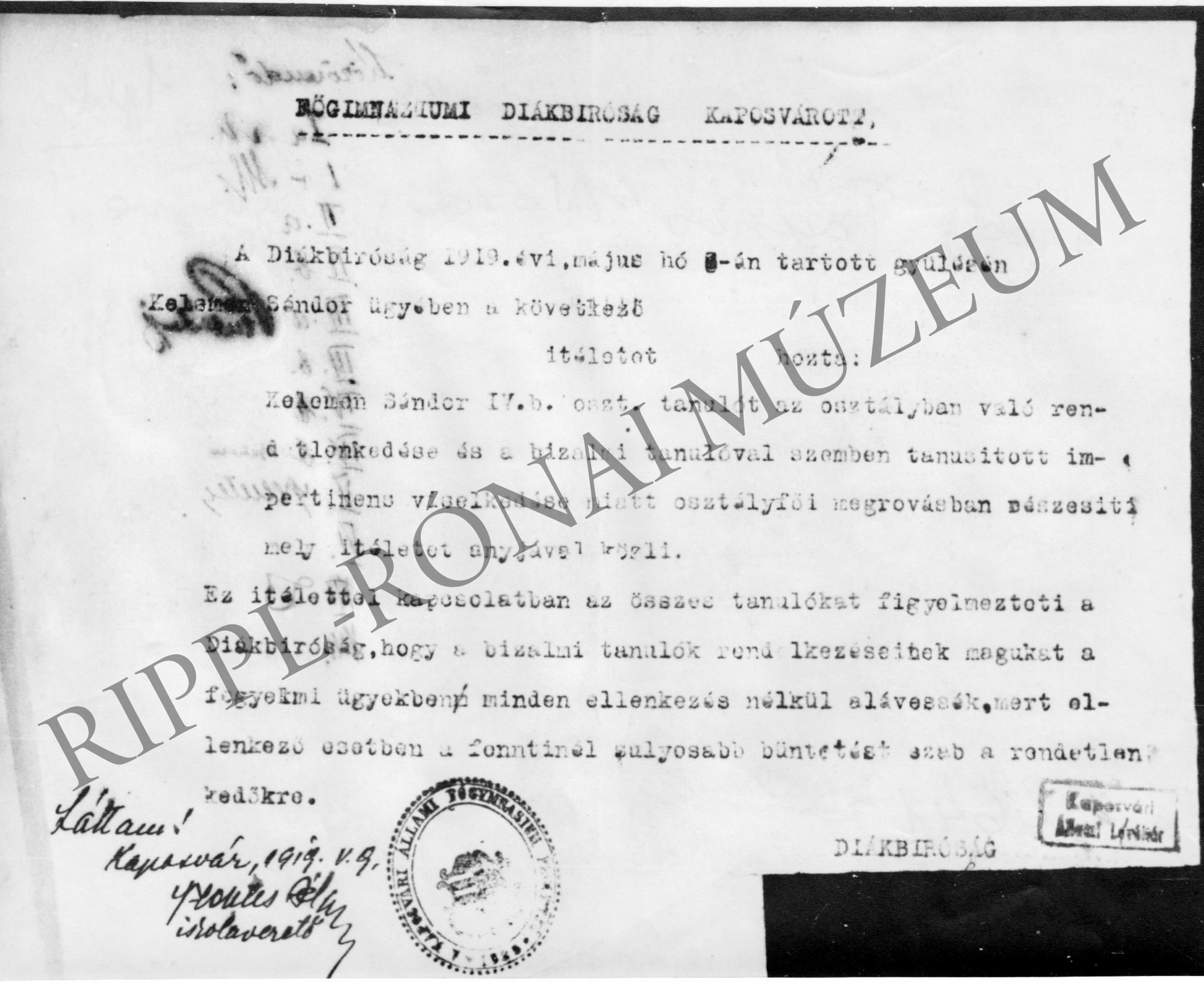 Főgimnáziumi diákbizottság ítélete Kaposváron 1919. május 8-án (Rippl-Rónai Múzeum CC BY-NC-SA)