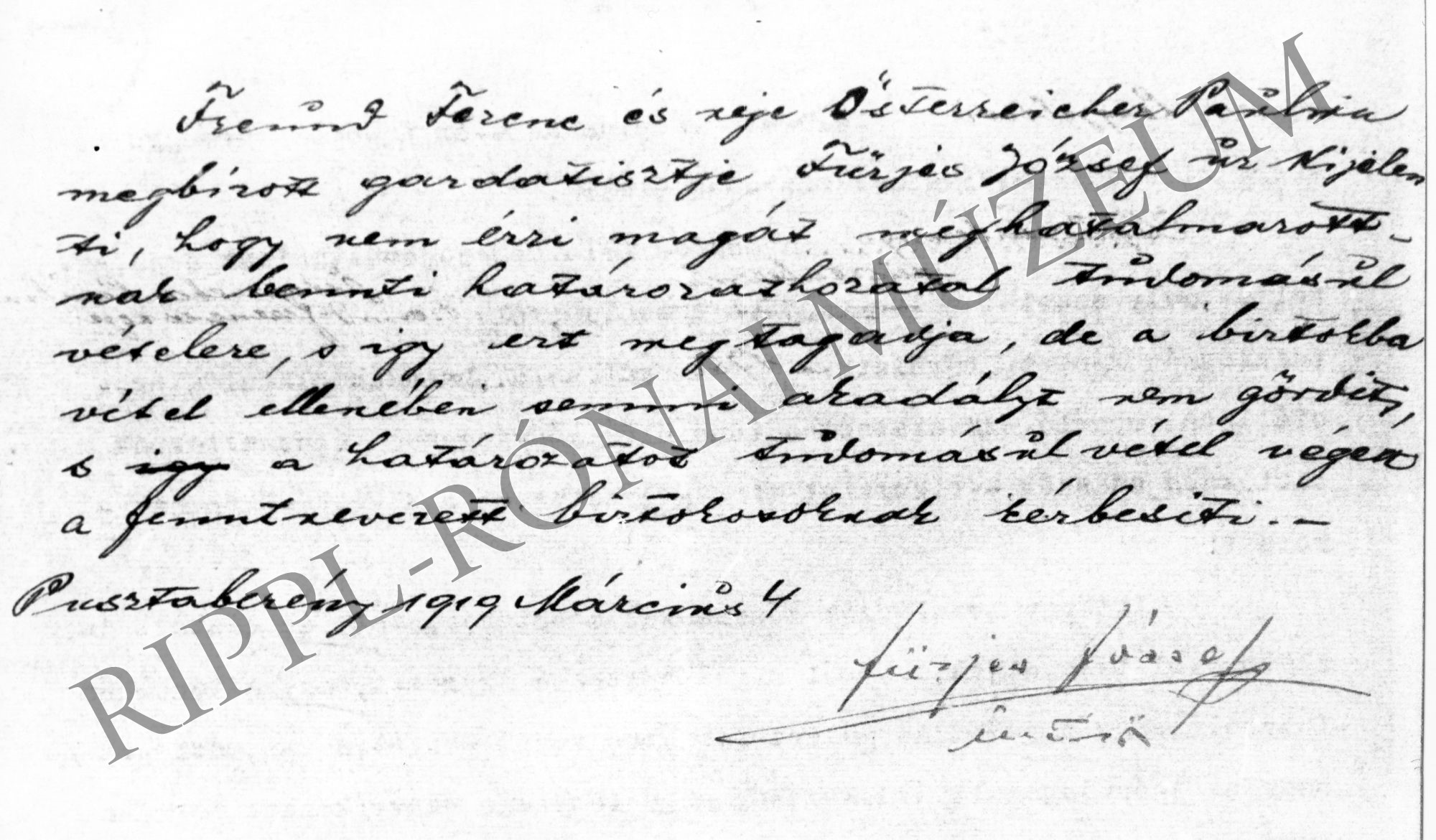 Freund Ferenc és neje pusztaberényi gazdasági intézőjének nyilatkozata 1919. március 4. (Rippl-Rónai Múzeum CC BY-NC-SA)