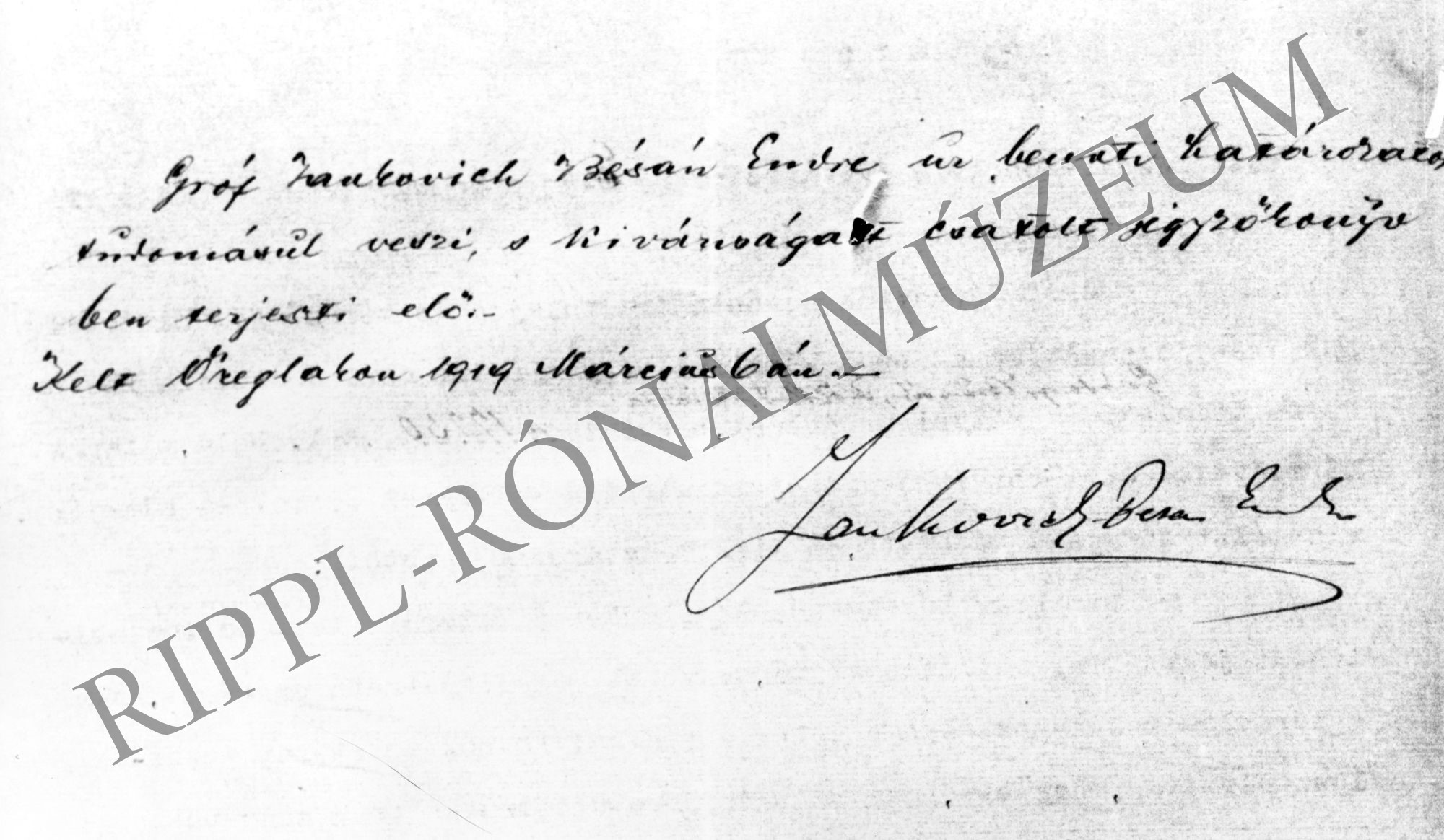 Gr. Jankovich Bésán Endre nyilatkozata határozat tudomásul vételéről Öreglak, 1919. március 6. (Rippl-Rónai Múzeum CC BY-NC-SA)