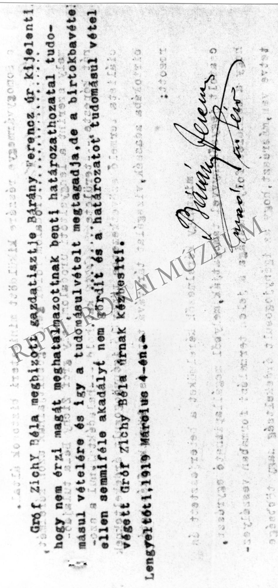gr. Zichy Béla gazdatisztjének nyilatkozata az államosításról, Lengyeltóti, 1919. március 4.l (Rippl-Rónai Múzeum CC BY-NC-SA)