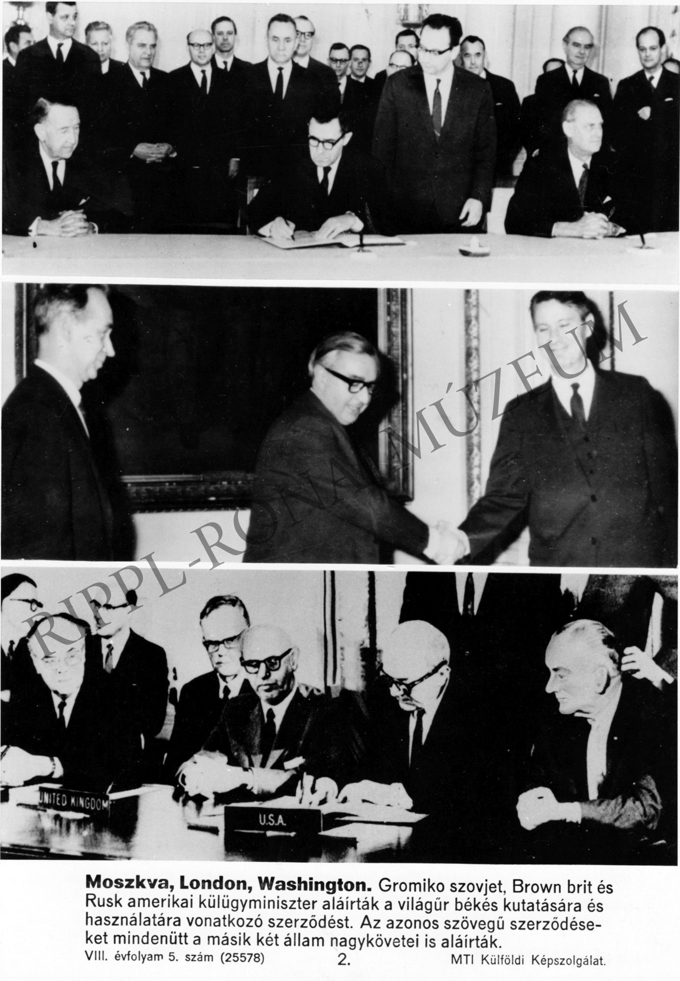 Gromiko, Brown és Rusk külügyminiszterek aláírták a világűr békés felhasználására vonatkozó szerződést (Rippl-Rónai Múzeum CC BY-NC-SA)
