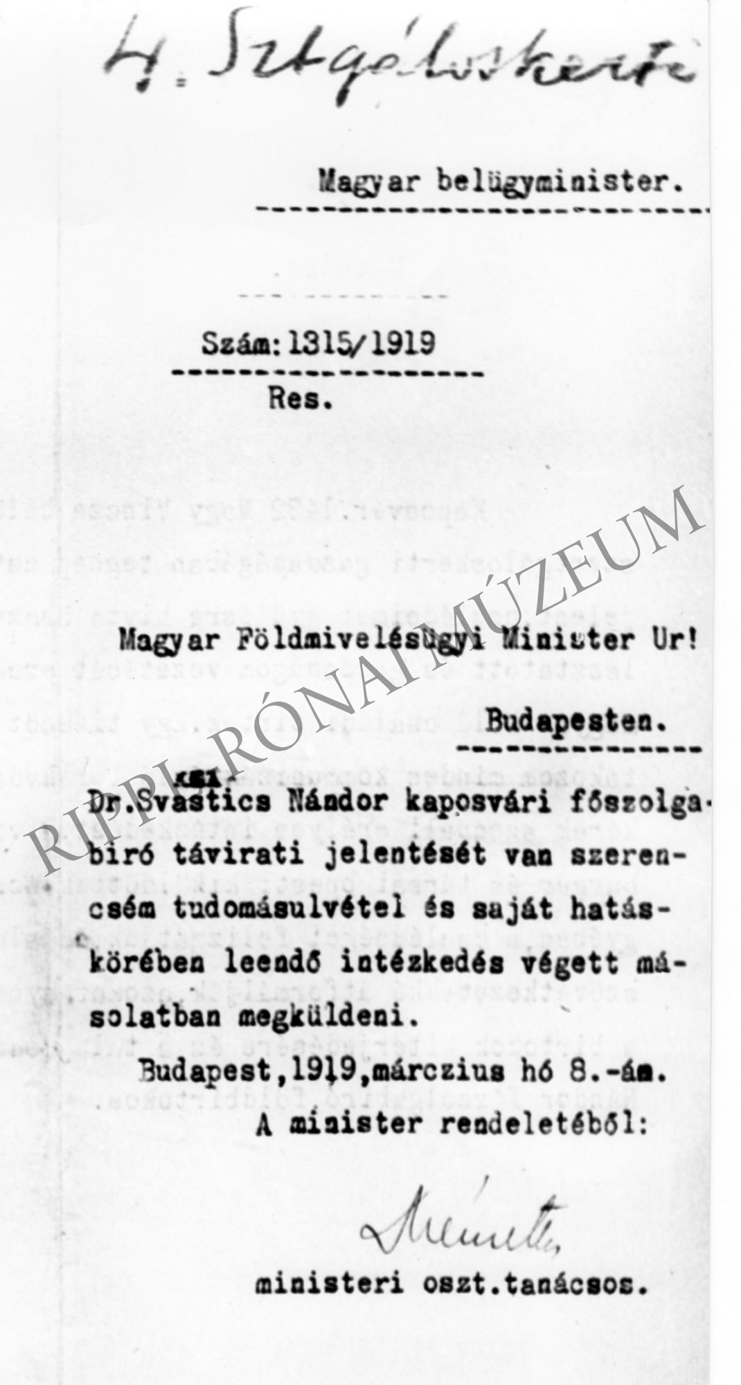Hír dr. Svastics Nándor kaposvári főszolgabíró távirati jekentésének továbbításáról a földművelésügyi miniszterhez (Rippl-Rónai Múzeum CC BY-NC-SA)