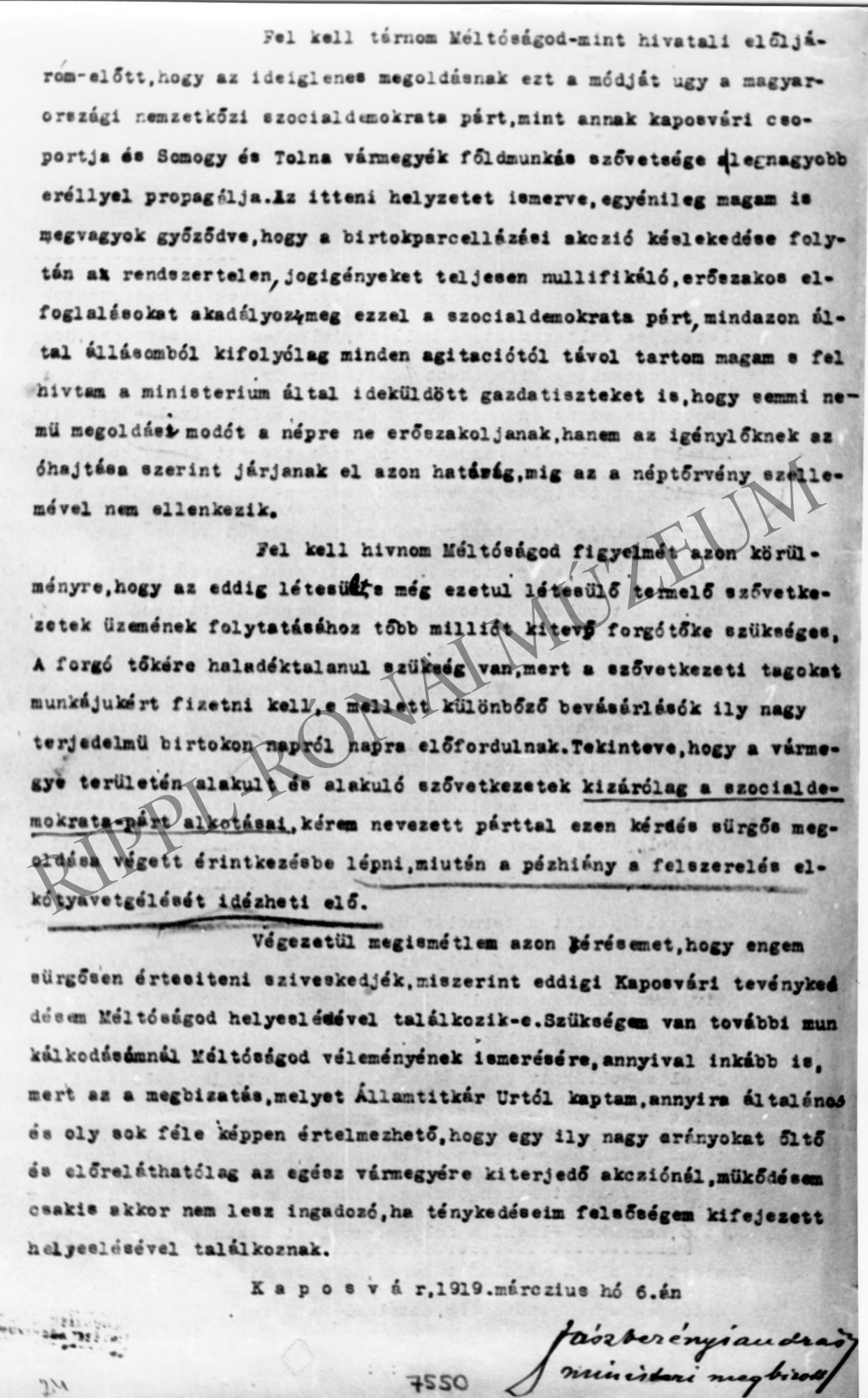 Jászberényi Andor miniszteri megbizott jelentése a FM. államtitkárnak 1919. márc. 6. - 2. old. (Rippl-Rónai Múzeum CC BY-NC-SA)