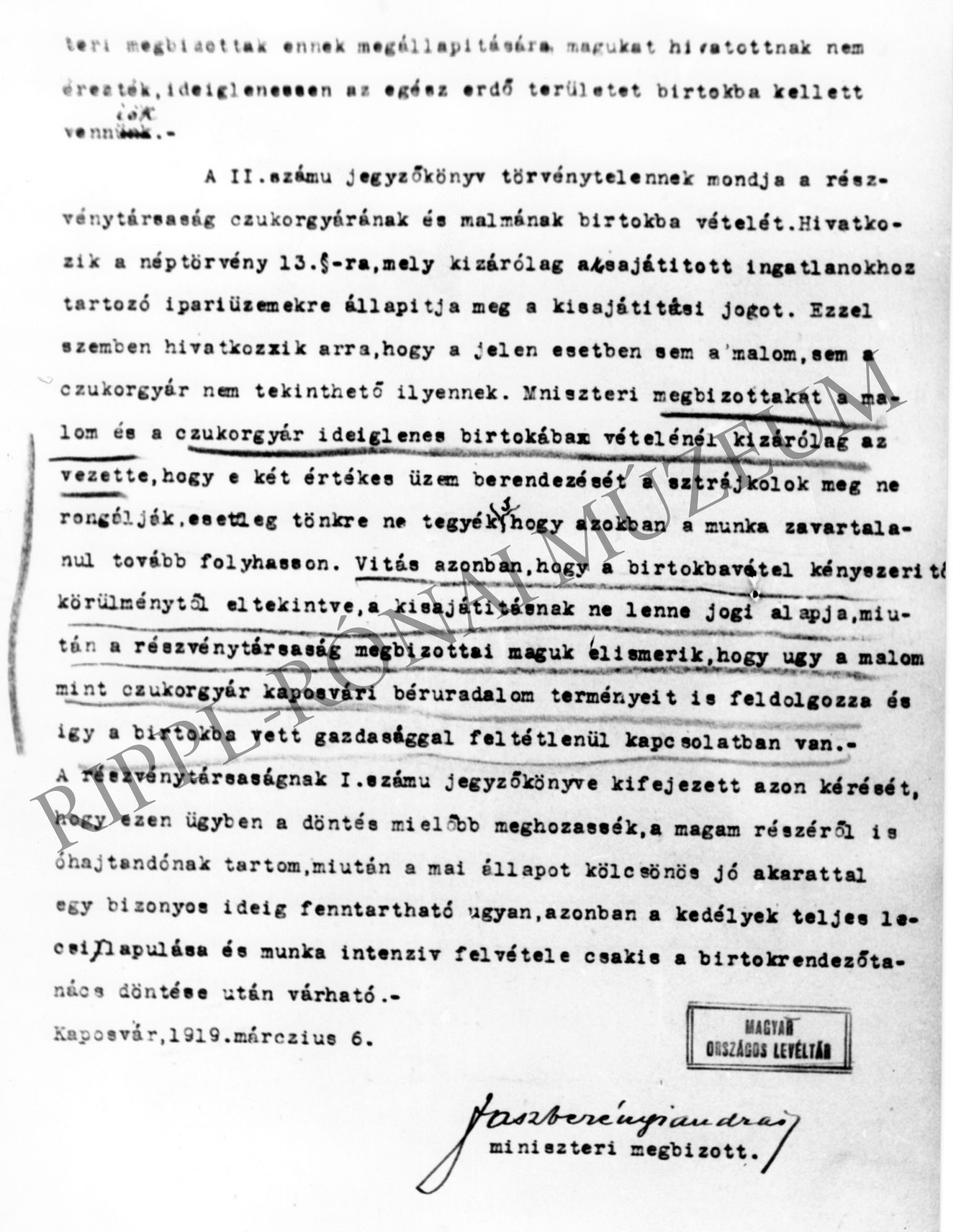 Jászberényi András miniszteri megbizott 1919. március 6-i kaposvári levele a cukorgyár ideiglenes birtokba vételéről (Rippl-Rónai Múzeum CC BY-NC-SA)