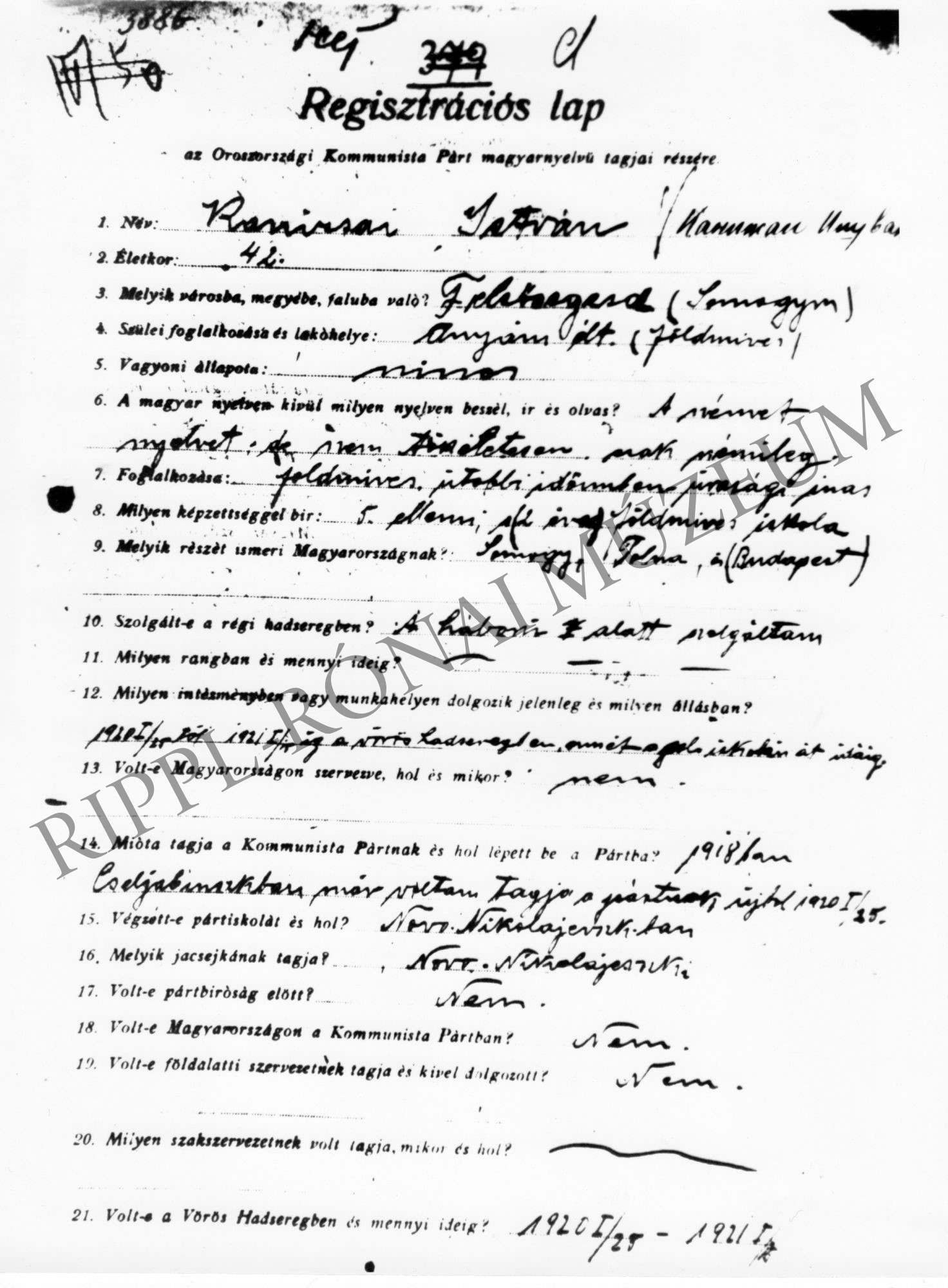 Kanizsai István regisztrációs lapja (Rippl-Rónai Múzeum CC BY-NC-SA)