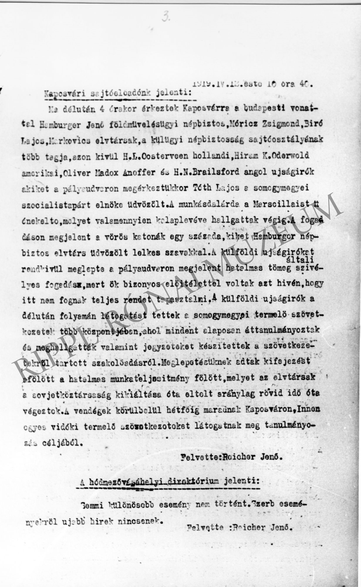 Kaposvári sajtóelőadó jelentése (1919. április 12.): Hamburger, Móricz és a külföldi újságírók látogatásáról (Rippl-Rónai Múzeum CC BY-NC-SA)